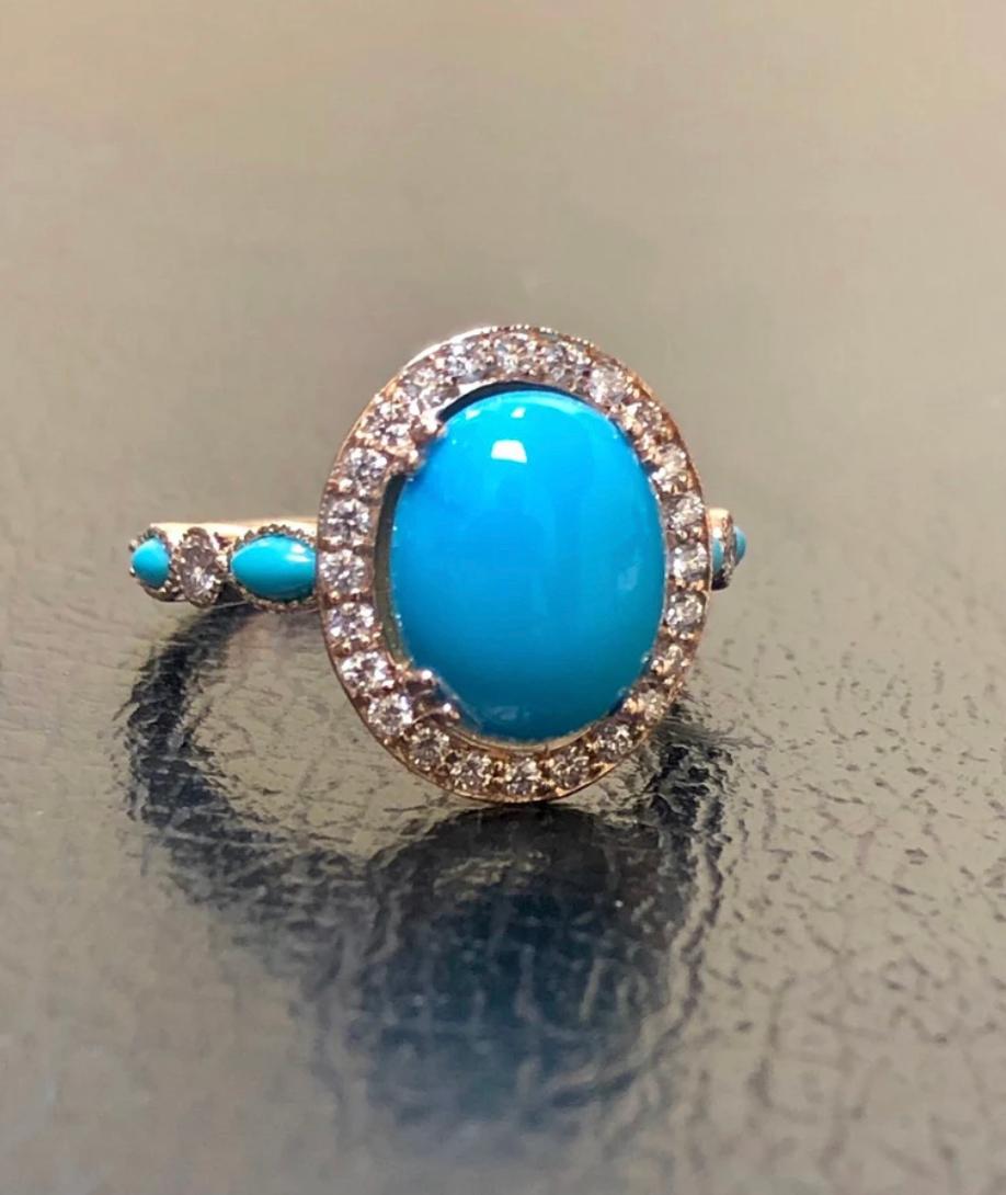 18K Rose Gold Sleeping Beauty Turquoise Halo Diamond Engagement Ring For Sale 3