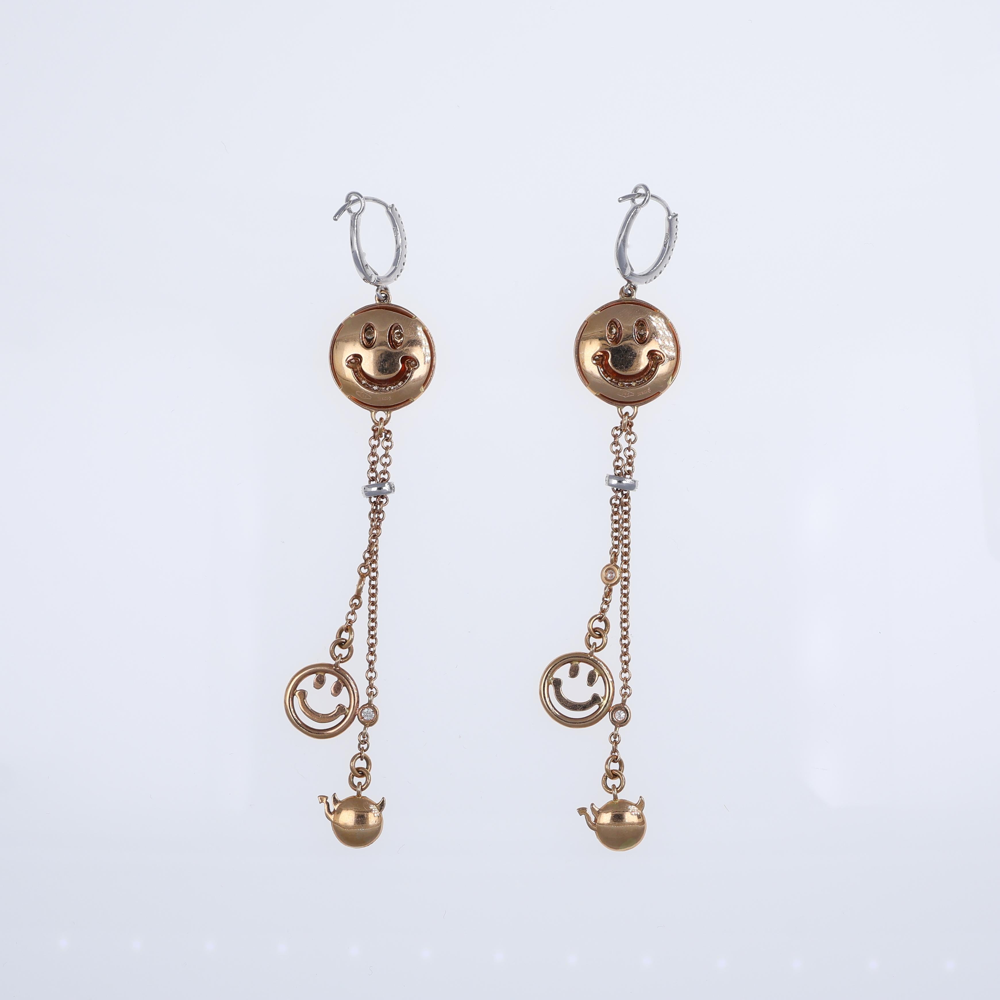 Brilliant Cut 18K Rose Gold Smile Drop Earrings with White and Brown Diamonds For Sale