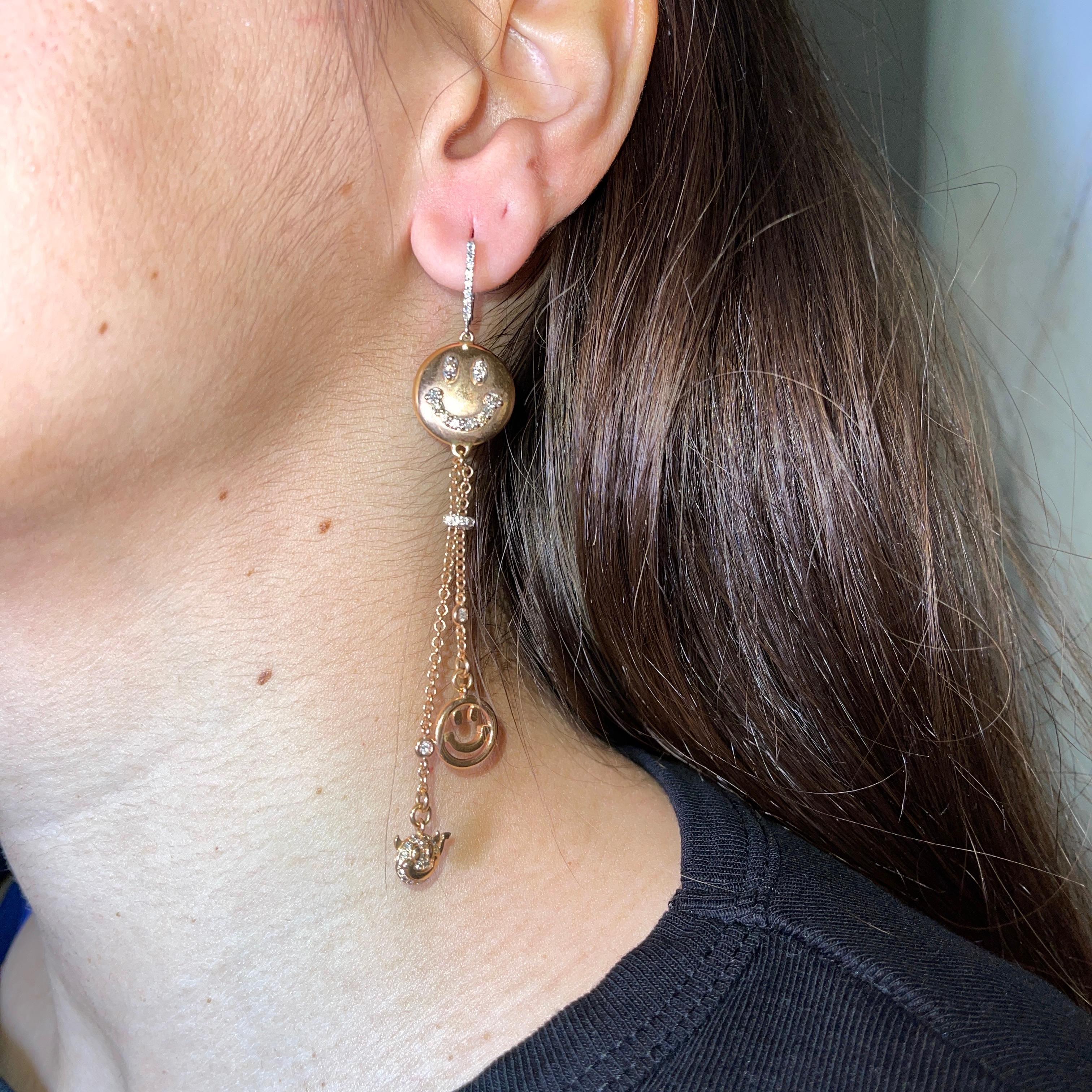 18K Rose Gold Smile Drop Earrings with White and Brown Diamonds For Sale 2