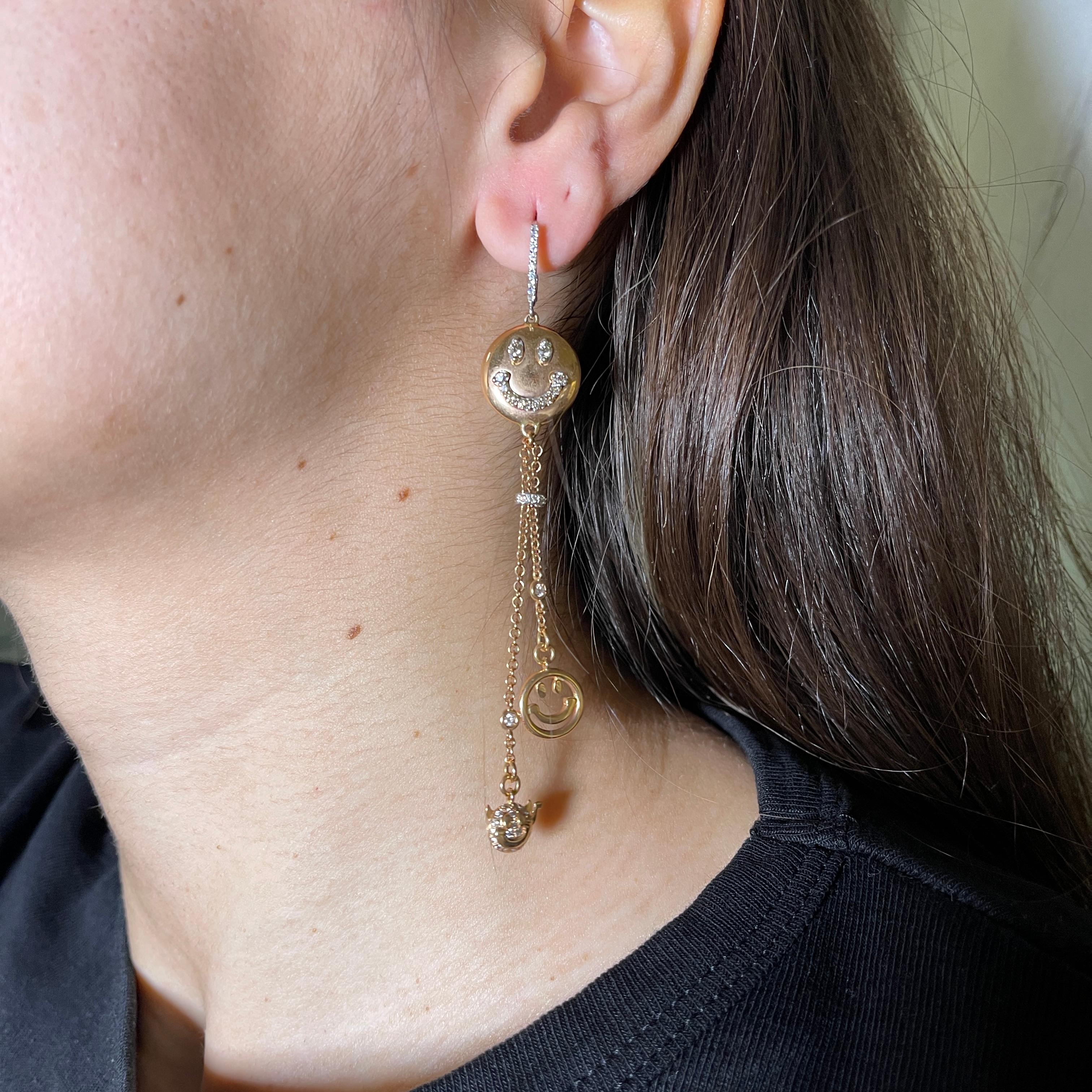18K Rose Gold Smile Drop Earrings with White and Brown Diamonds For Sale 3