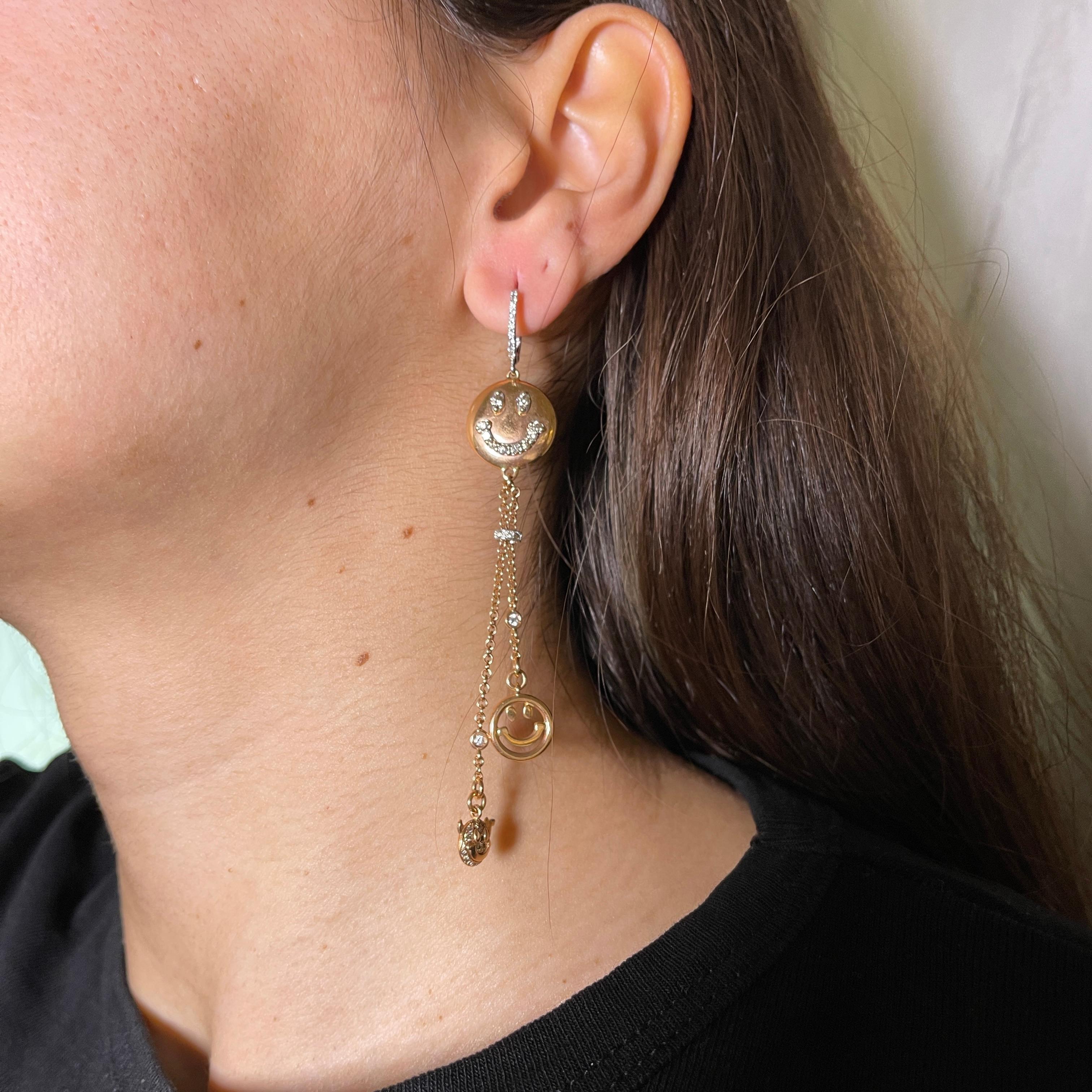 18K Rose Gold Smile Drop Earrings with White and Brown Diamonds For Sale 4