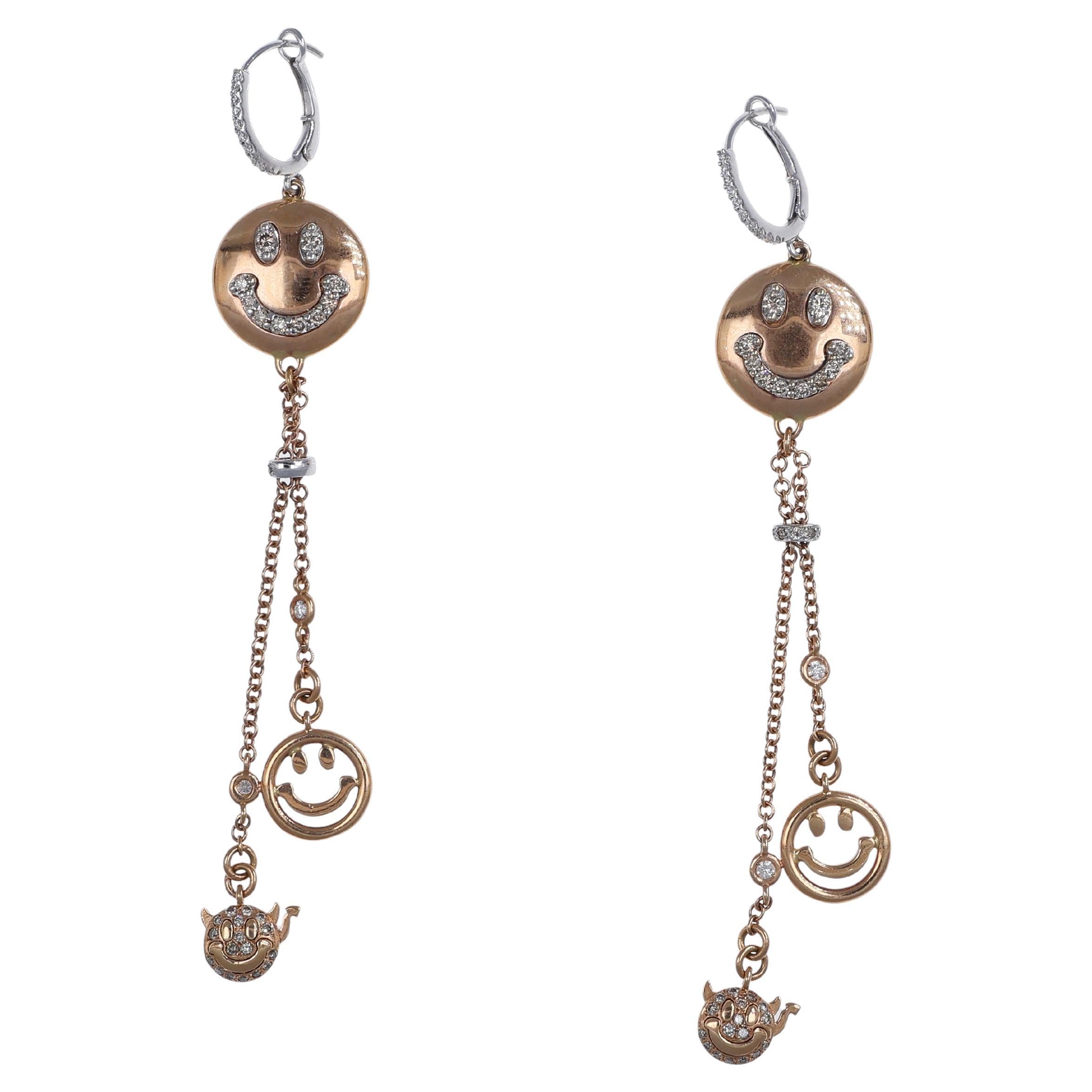 18K Rose Gold Smile Drop Earrings with White and Brown Diamonds
