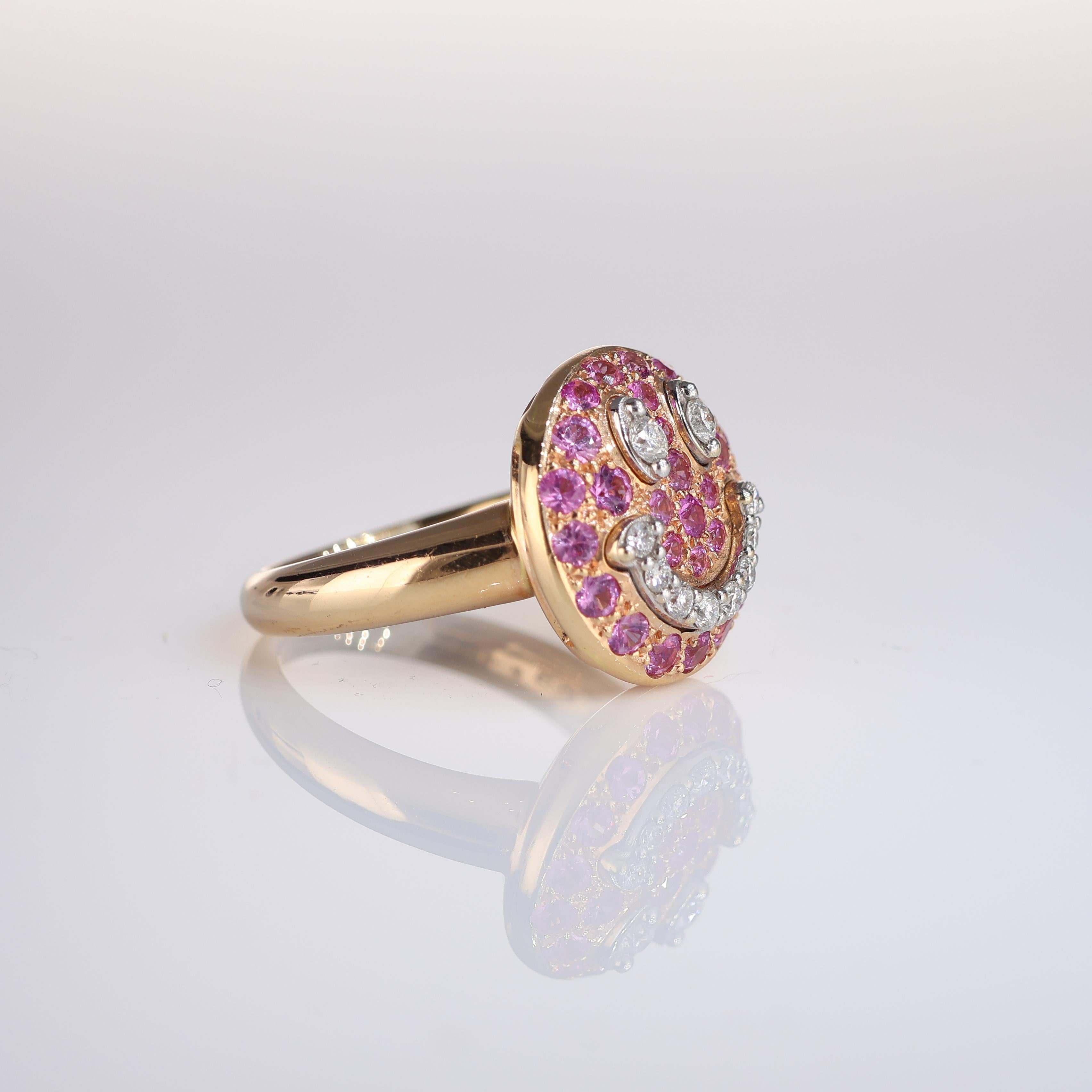 Brilliant Cut 18K Rose Gold Smiley Happy Face Ring with Pink Sapphires and Diamonds For Sale