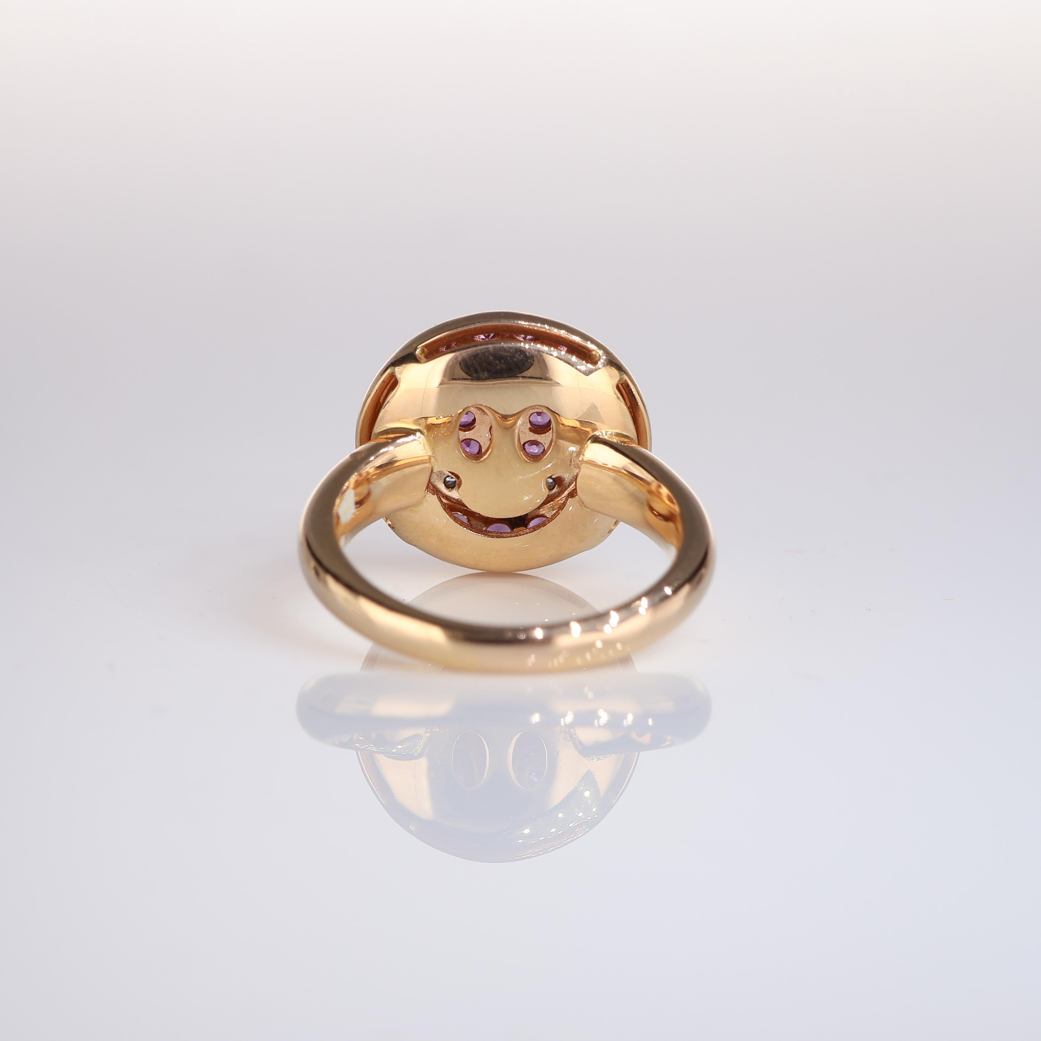 Women's or Men's 18K Rose Gold Smiley Happy Face Ring with Pink Sapphires and Diamonds For Sale