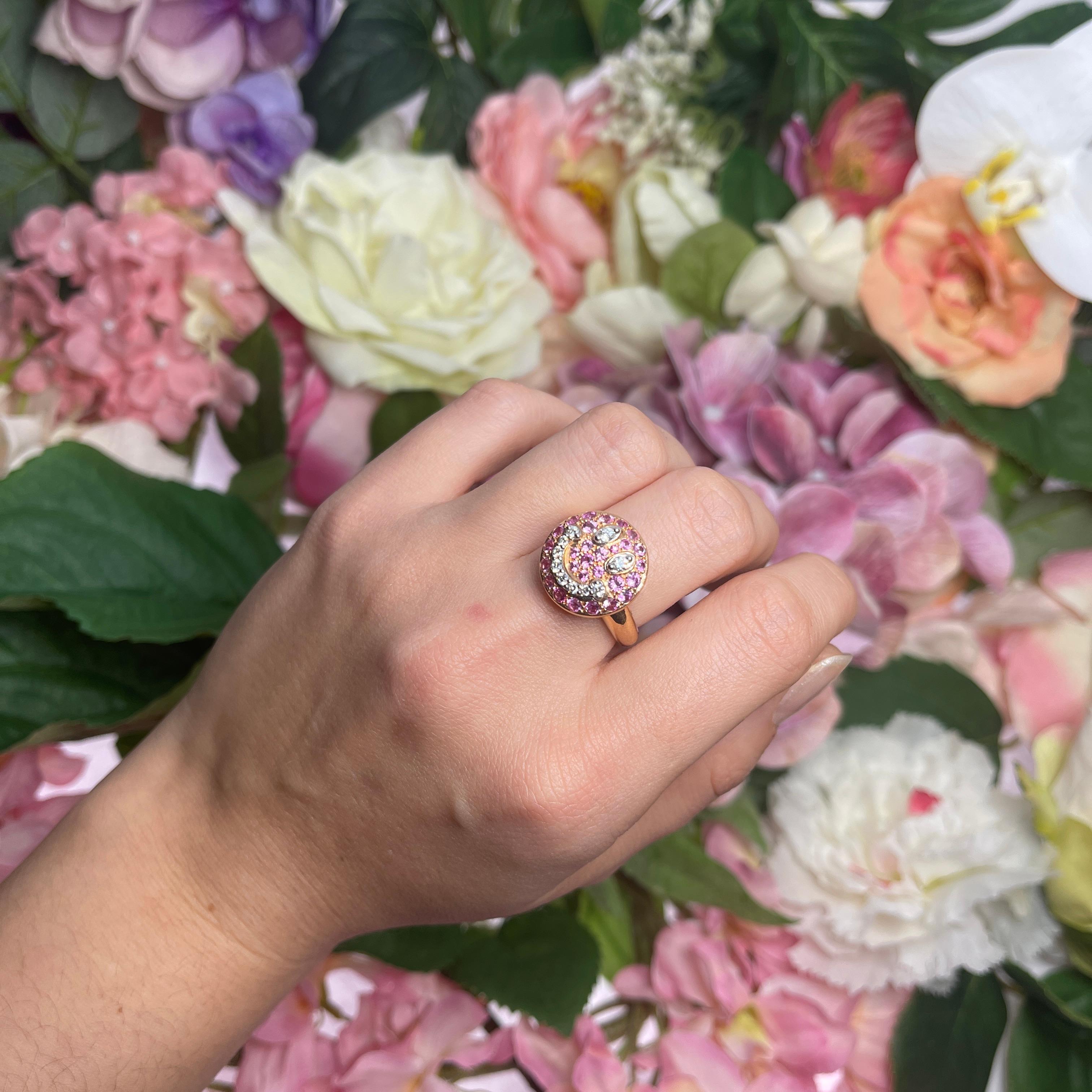 18K Rose Gold Smiley Happy Face Ring with Pink Sapphires and Diamonds For Sale 2