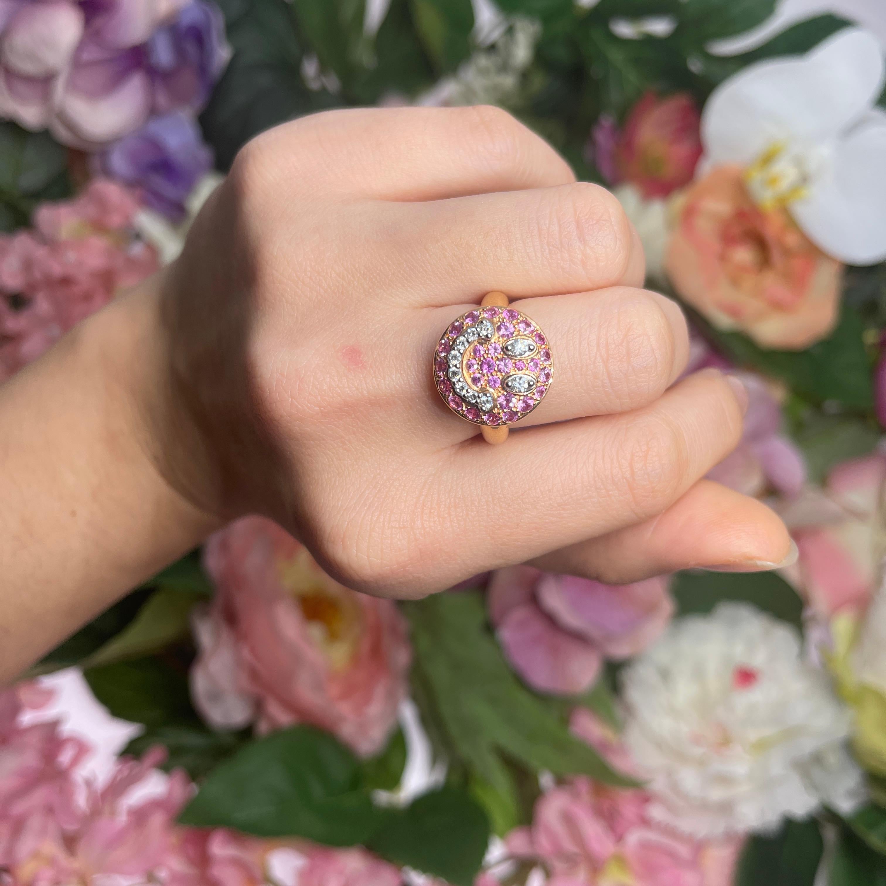 18K Rose Gold Smiley Happy Face Ring with Pink Sapphires and Diamonds For Sale 3