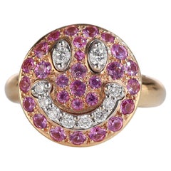 18K Rose Gold Smiley Happy Face Ring with Pink Sapphires and Diamonds