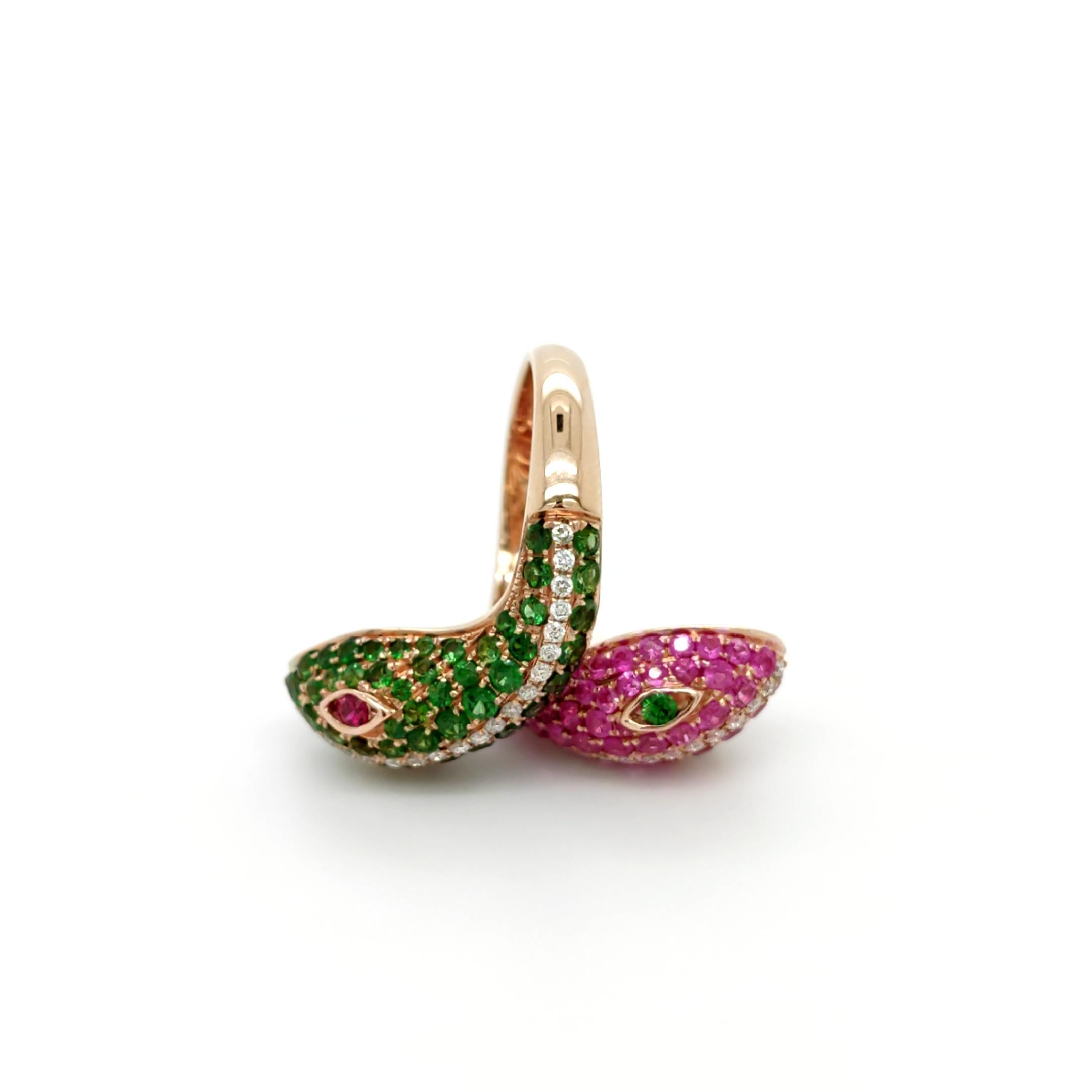 Modern 18K Rose Gold Snake Pink Sapphire & Green Garnet Diamond Ring For Sale