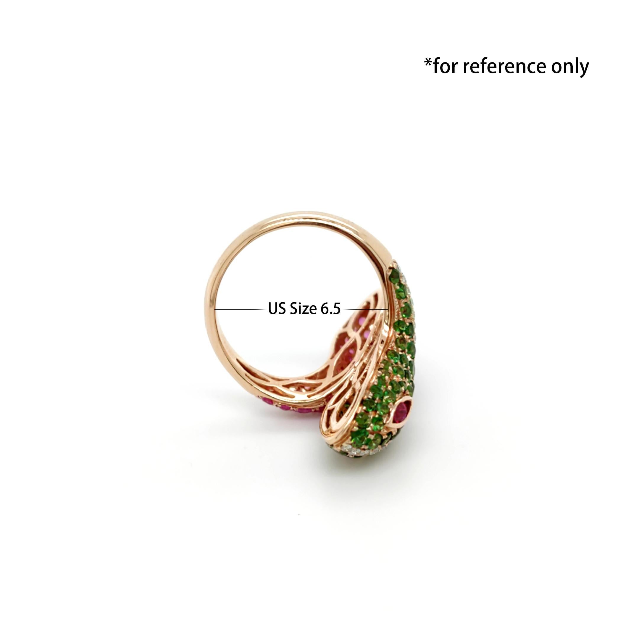Round Cut 18K Rose Gold Snake Pink Sapphire & Green Garnet Diamond Ring For Sale
