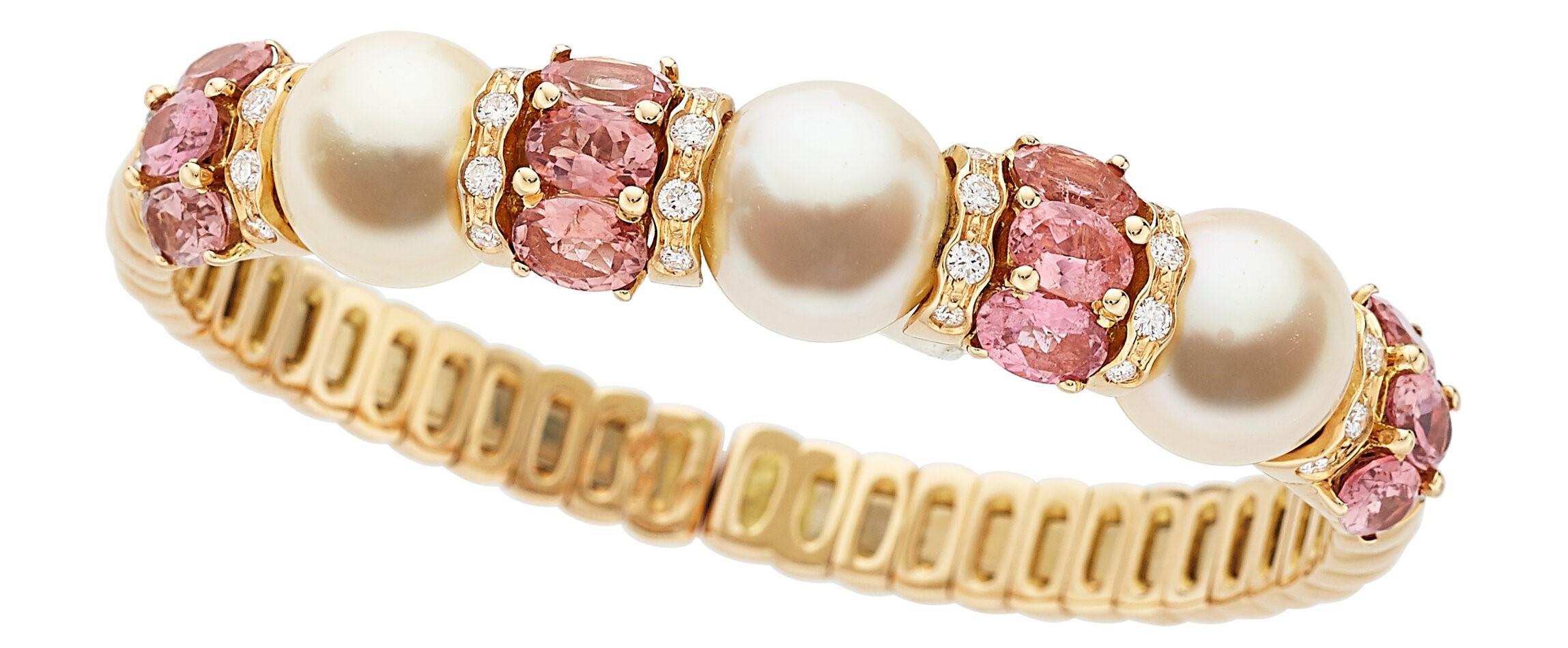 Round Cut 18k Rose Gold South Sea Cultured Pearl Cuff Bracelet with 5.30ct Pink Tourmaline For Sale