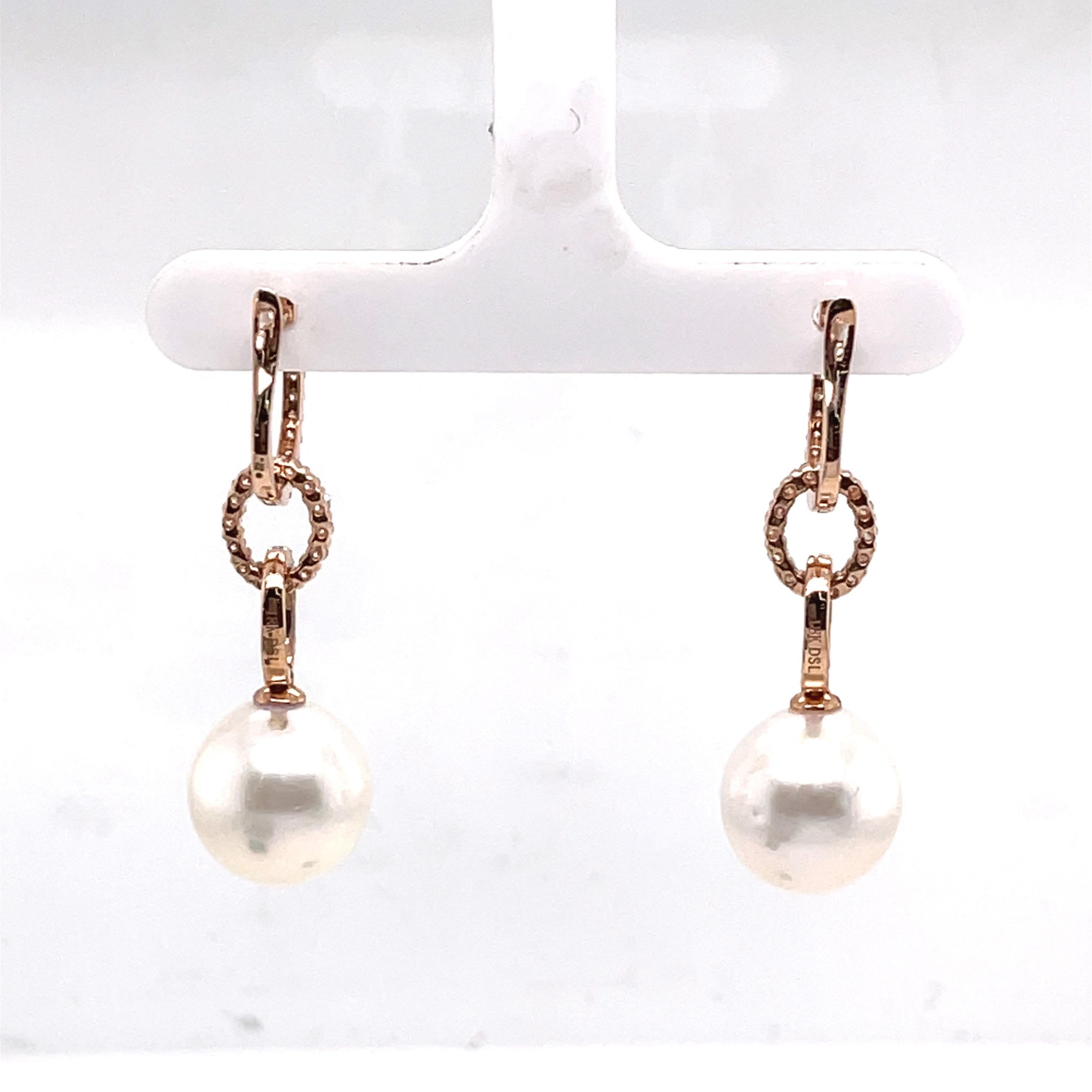 Round Cut 18K Rose Gold South Sea Drop of Hoop Earring For Sale