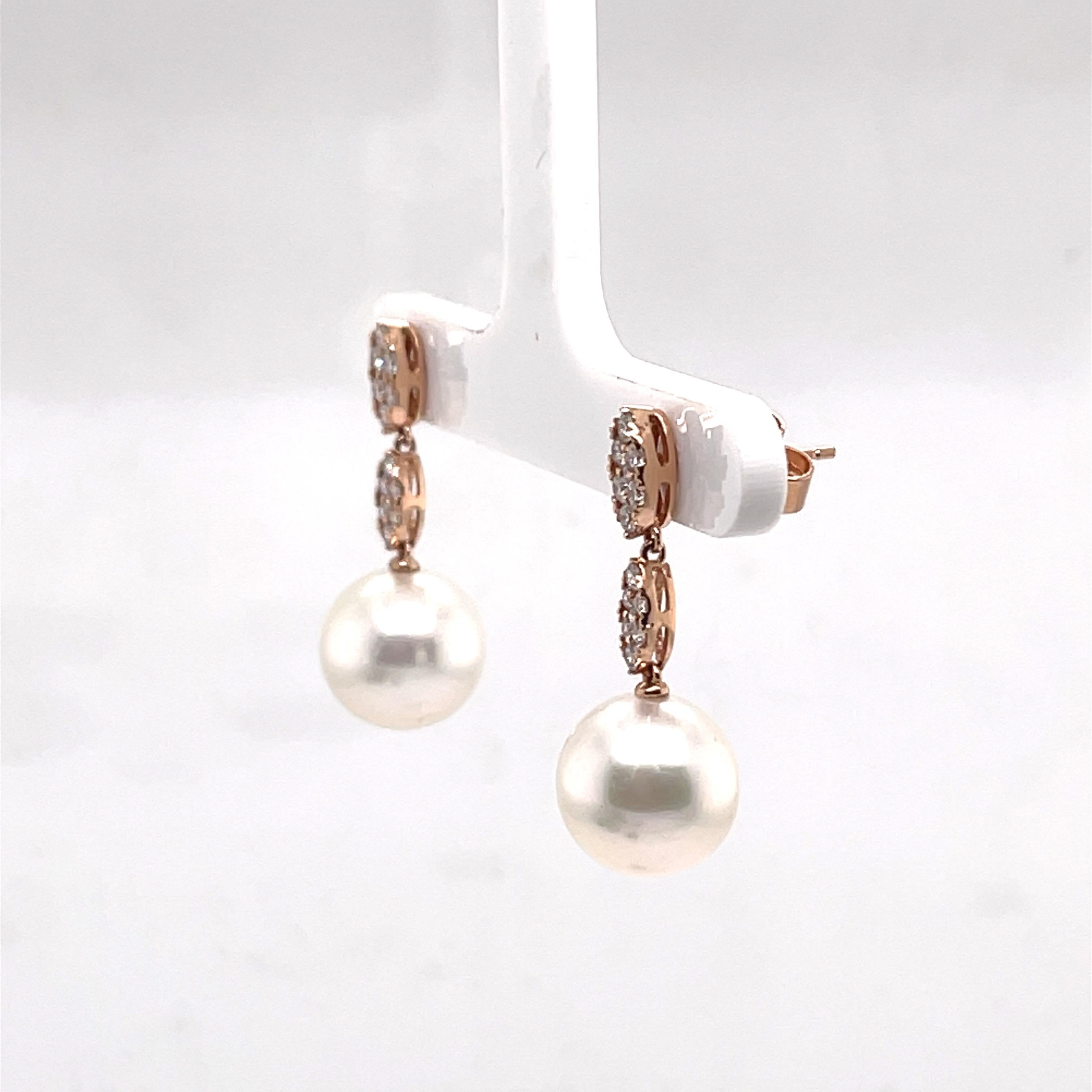 Contemporary 18K Rose Gold South Sea Pearl Diamond Drop Earring For Sale