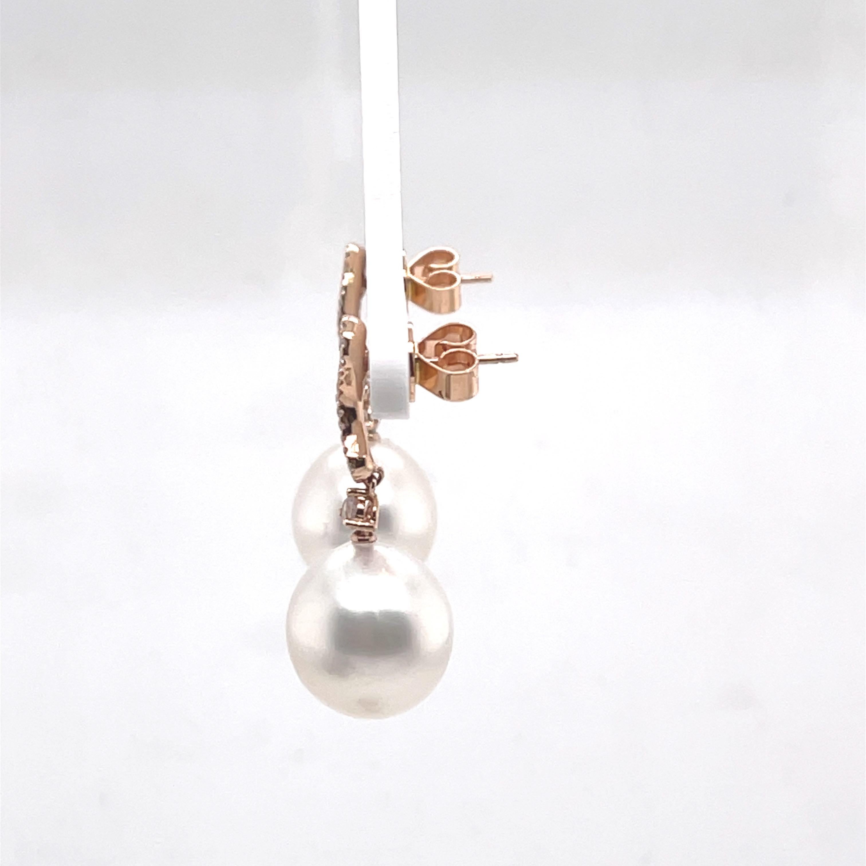 Round Cut 18k Rose Gold South Sea Pearl Drop Earrings