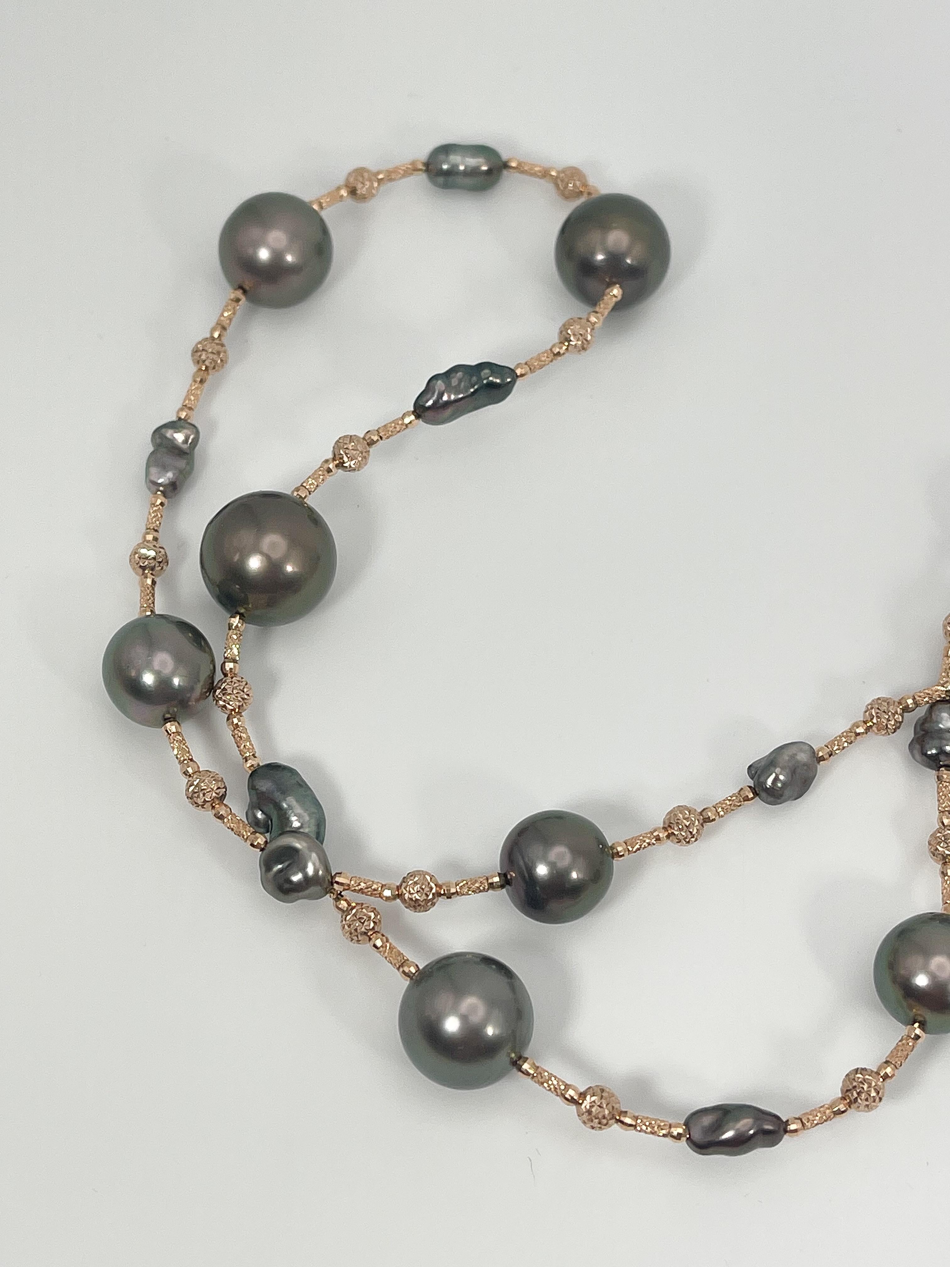 Ball Cut 18K Rose Gold South Sea Tahitian Pearl Necklace  For Sale