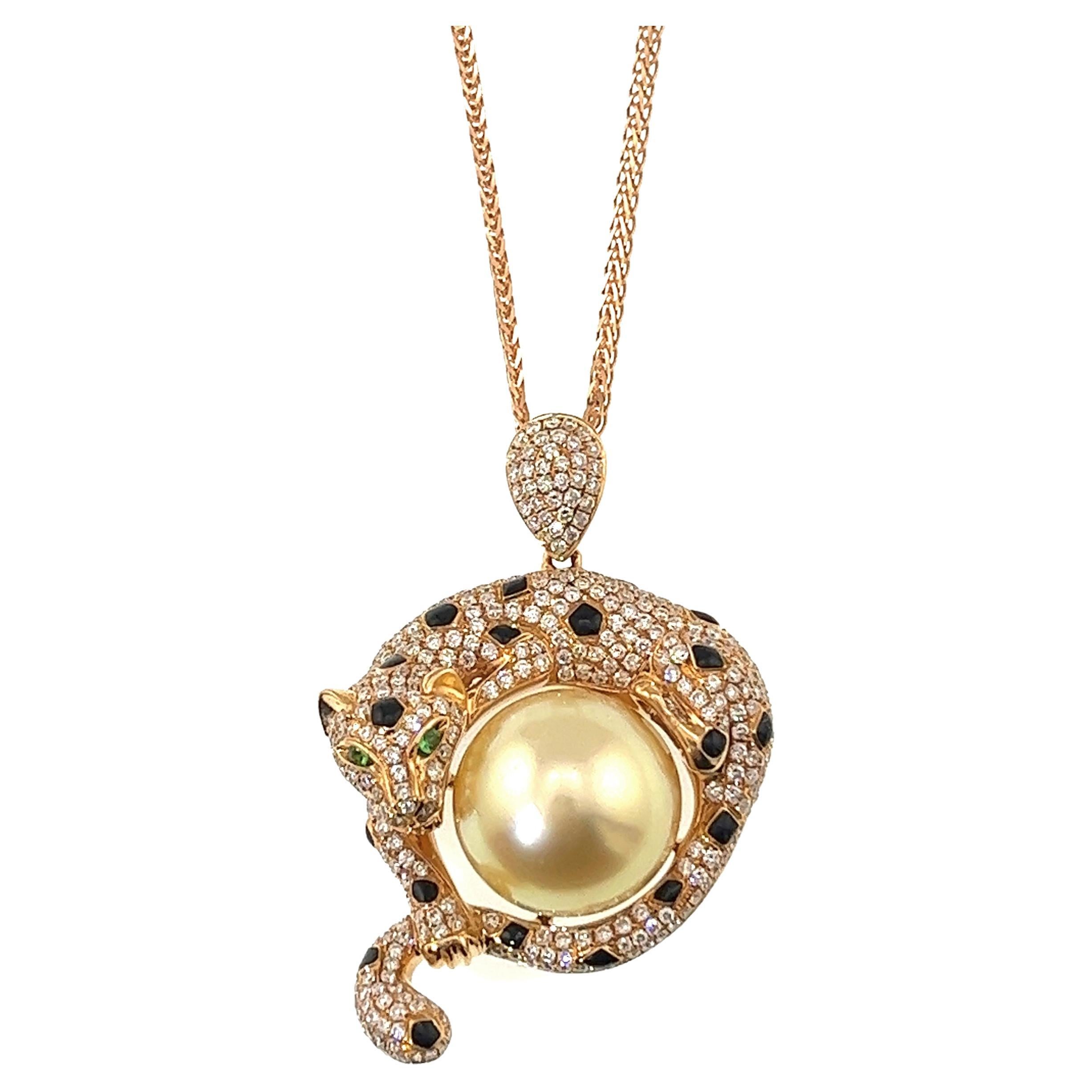 18K Rose Gold South See Golden Pearl & Diamond Leopard Pendant Necklace For Sale