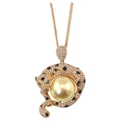 18K Rose Gold South See Golden Pearl & Diamond Leopard Pendant Necklace
