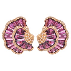 18K Rose Gold Special Cut Taper Baguette Rhodolite Ginkgo Leaf Couture Earrings