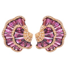 18K Rose Gold Special Cut Taper Baguette Rhodolite Ginkgo Leaf Couture Earrings