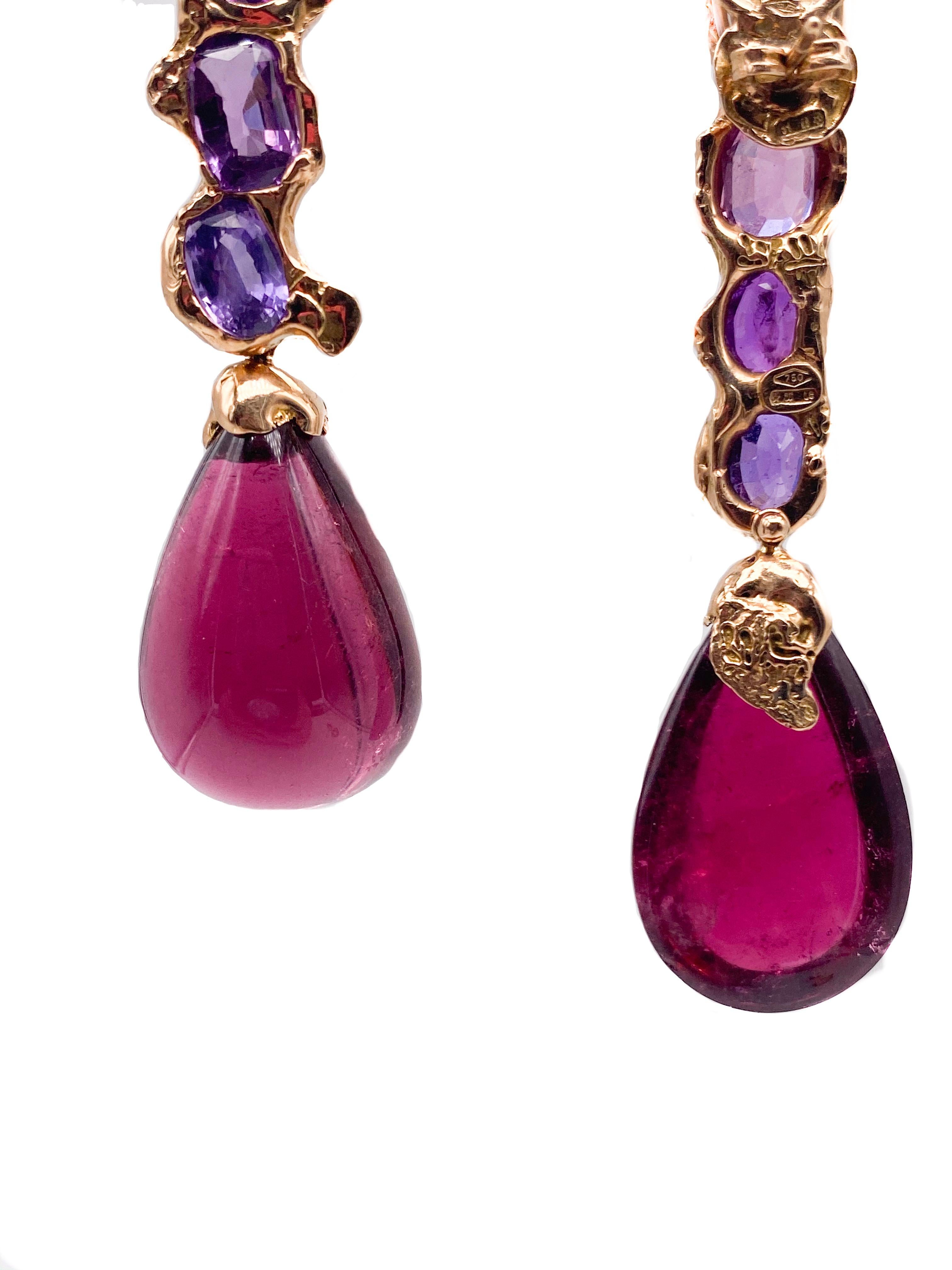 18k Rose Gold Stanghette Earrings With  Red Tourmaline Ct 73,93 And Multicolor Sapphires  Ct 14,12
