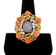 18K Rose Gold, Star Sapphire, Coral, and Diamond Cocktail Ring