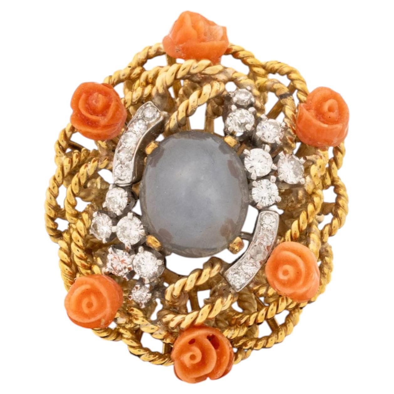 18K Rose Gold, Star Sapphire, Coral, and Diamond Cocktail Ring For Sale