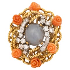 18K Rose Gold, Star Sapphire, Coral, and Diamond Cocktail Ring