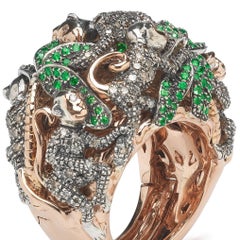 Monkey Ring in a Ring 18k Rose Gold and Silver with Diamonds and Green Tsavorite