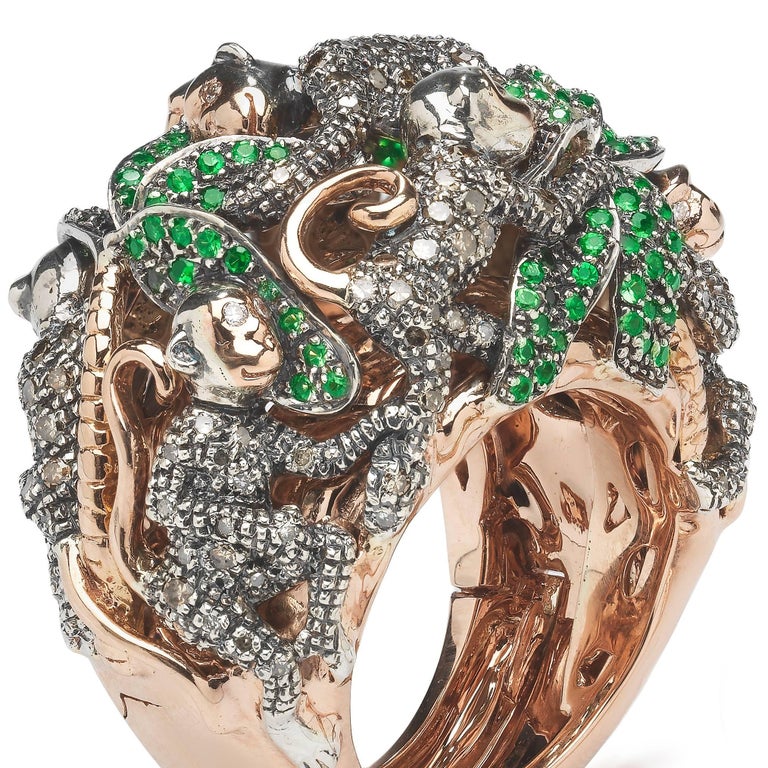 Monkey Ring in a Ring 18k Rose Gold and Silver with Diamonds and Green ...