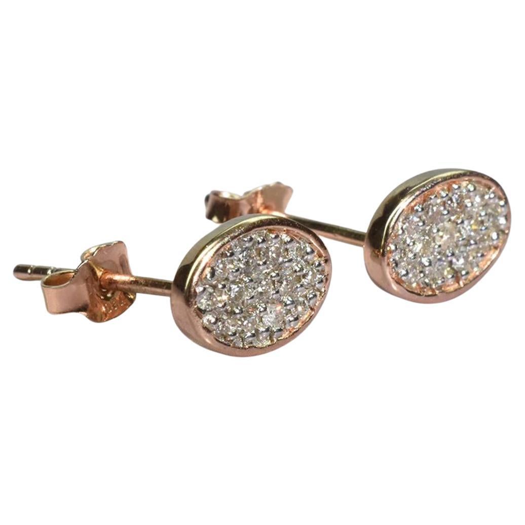 18k Rose Gold Stud Earrings Oval Stud Earrings Diamond Cluster Earrings