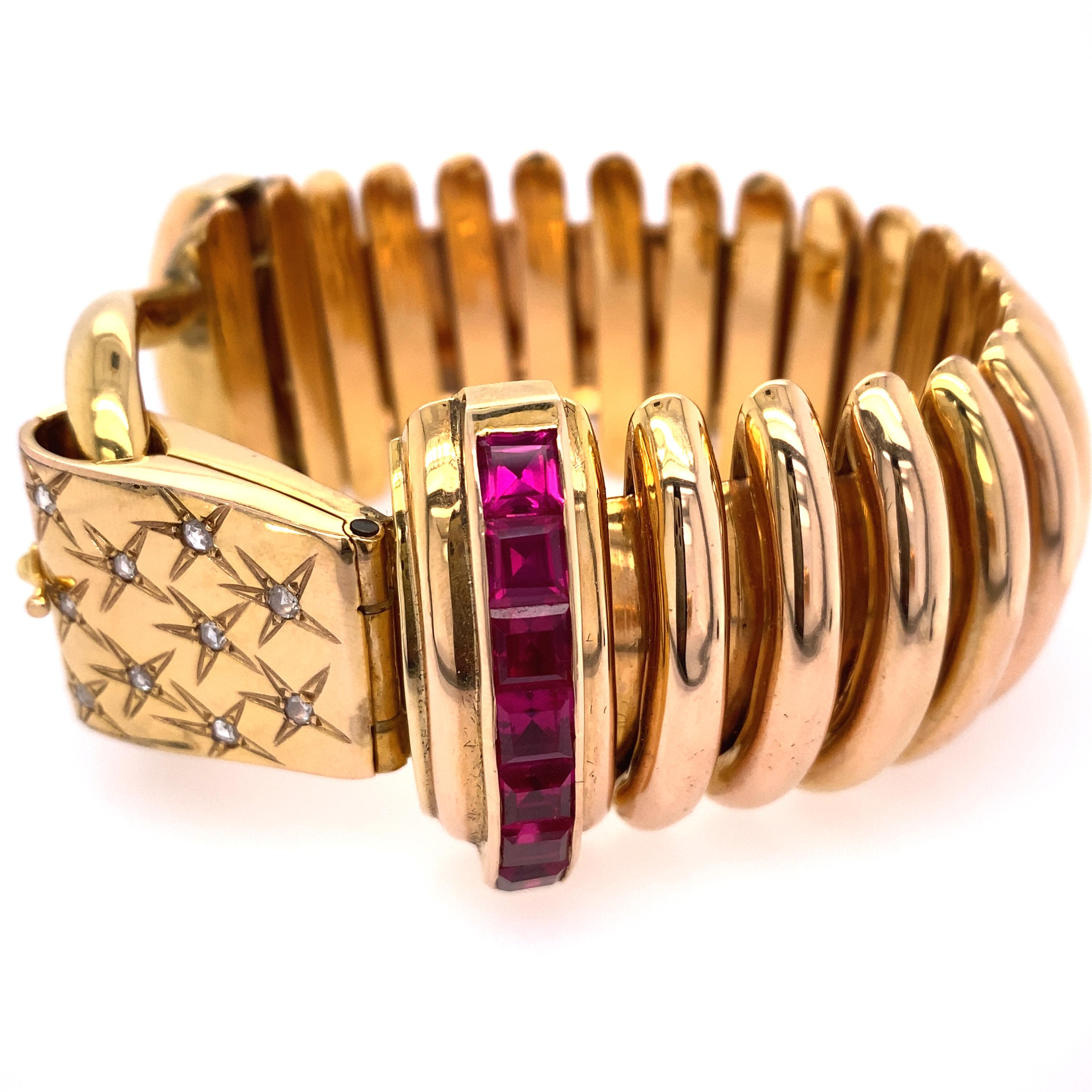18k Rose Gold Synthetic Ruby Bracelet In Good Condition For Sale In New York, NY