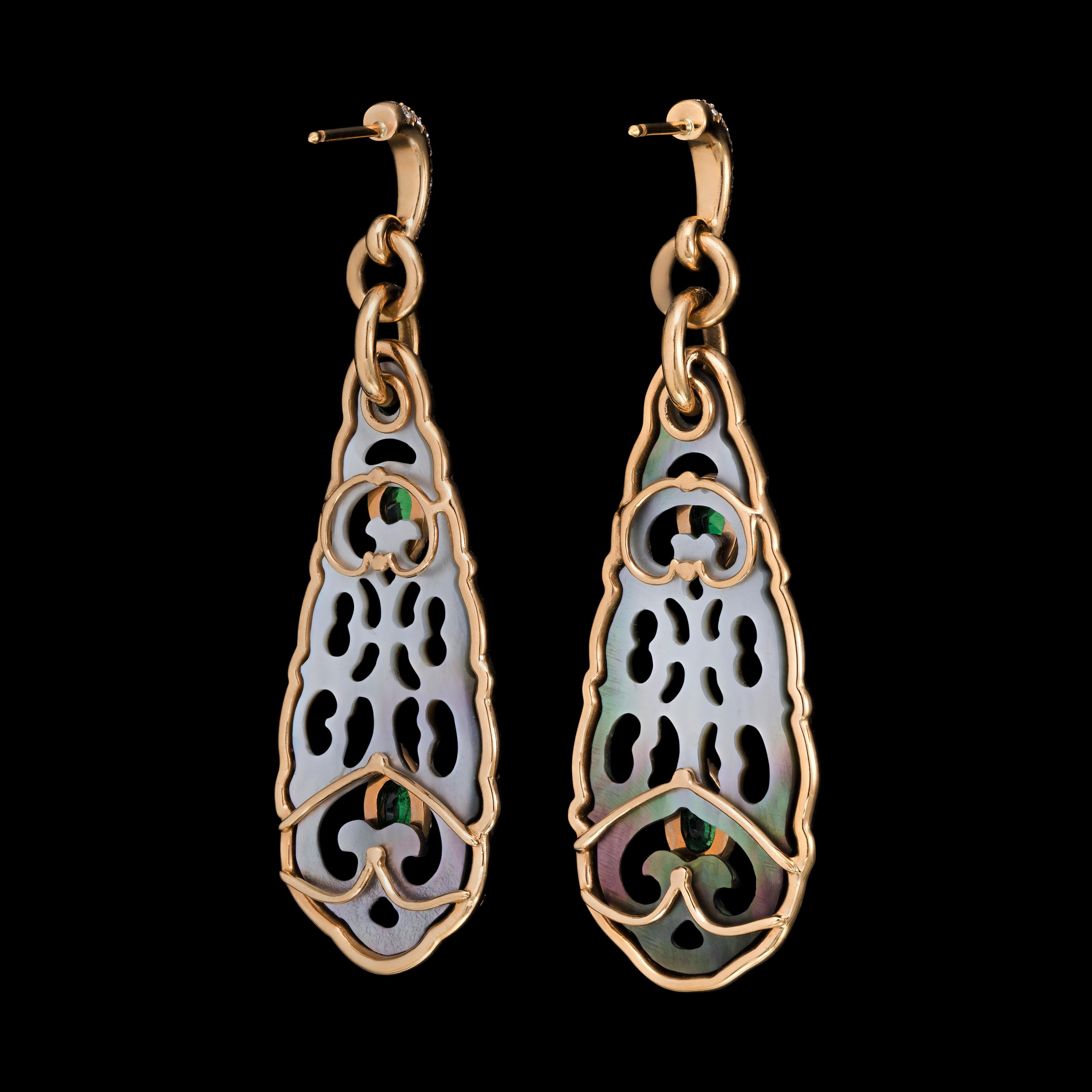 Women's or Men's 18K Rose Gold Tahitian Mother-of-Pearl, Tsavorite and Diamond Earrings For Sale