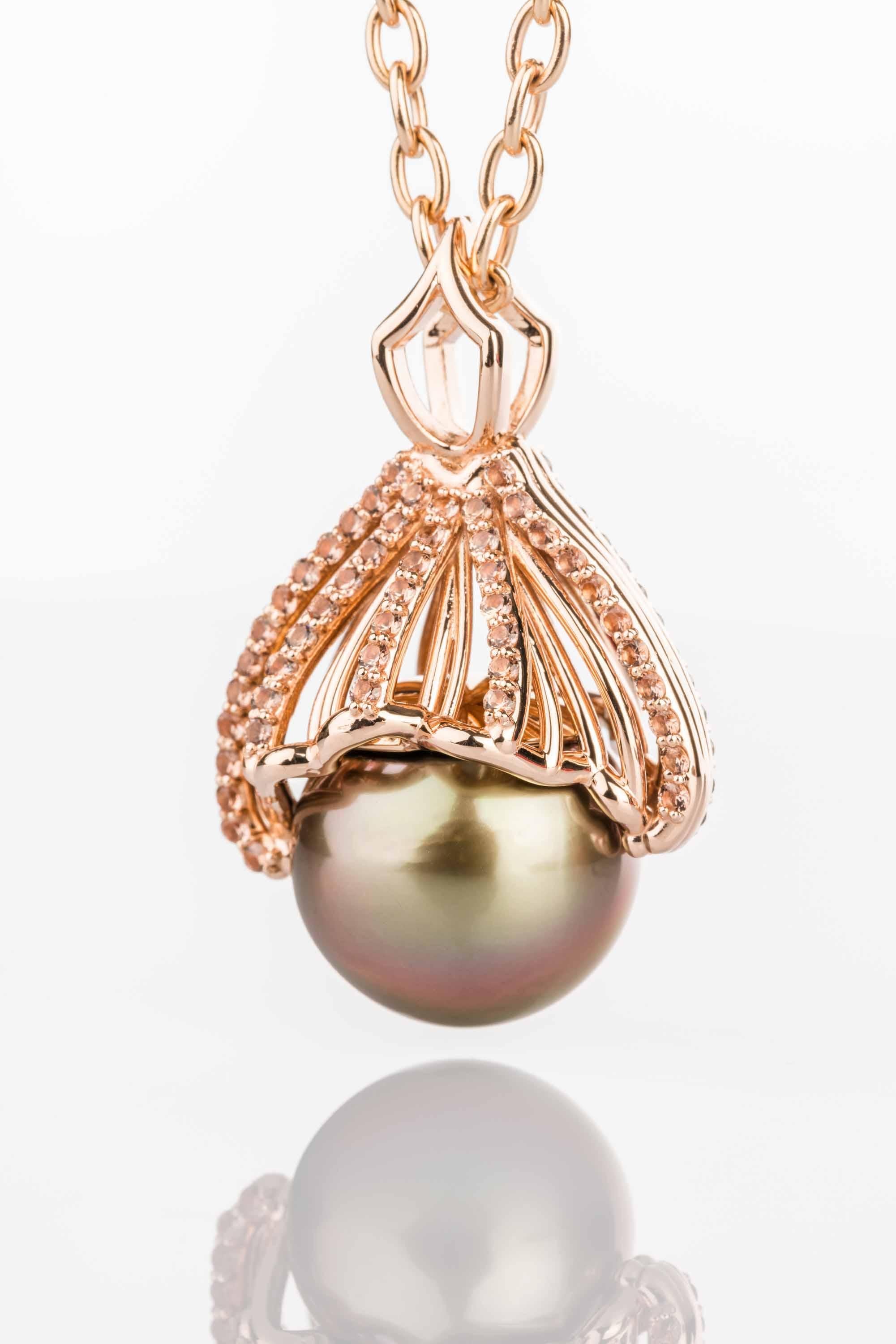 Art Nouveau 18 Karat Gold Tahitian Pearl Mermaid Tail Necklace with Andalusites and Diamonds