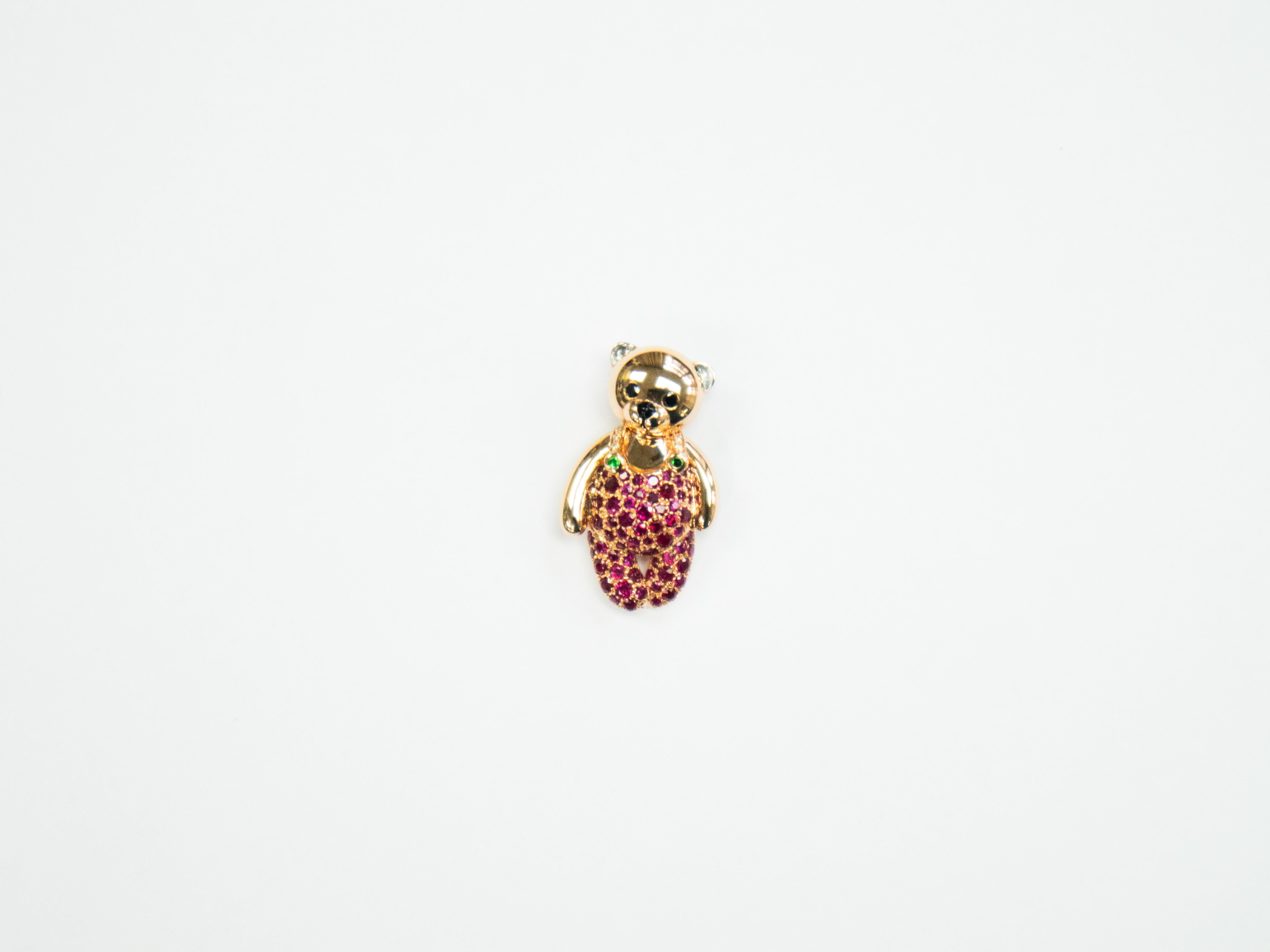 Modern 18K Rose Gold Teddy Bear Pendant with Rubies For Sale
