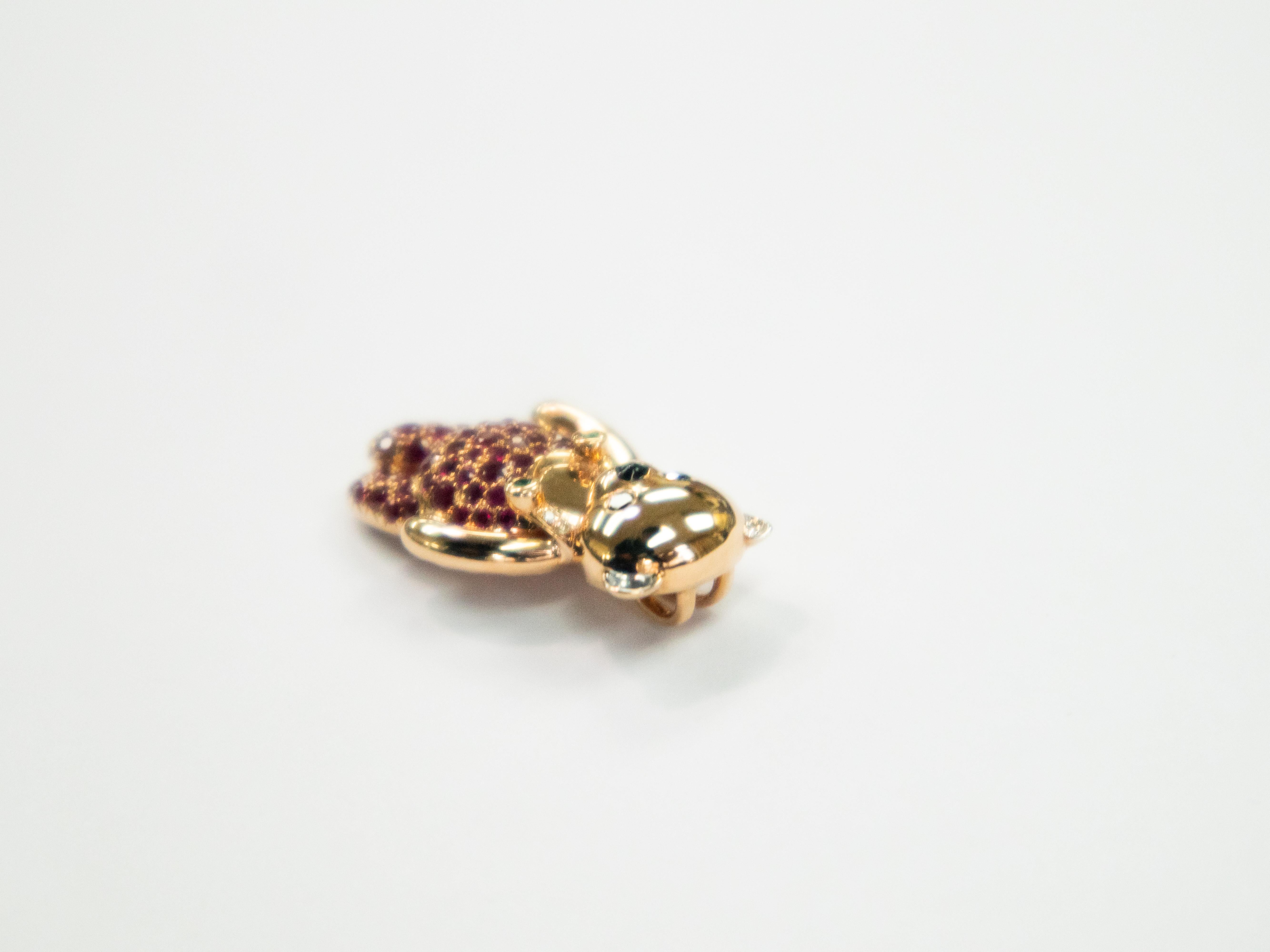 Rose Cut 18K Rose Gold Teddy Bear Pendant with Rubies For Sale