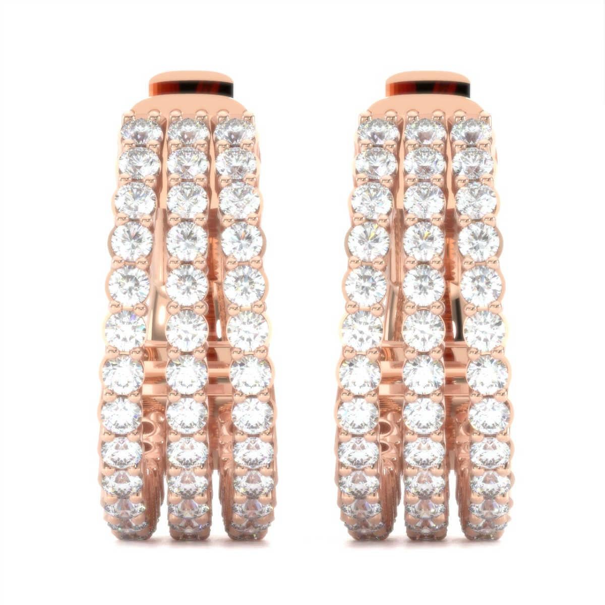 Round Cut 18 Karat Rose Gold Three-Row Hoop Diamond Earrings '1 Carat' For Sale
