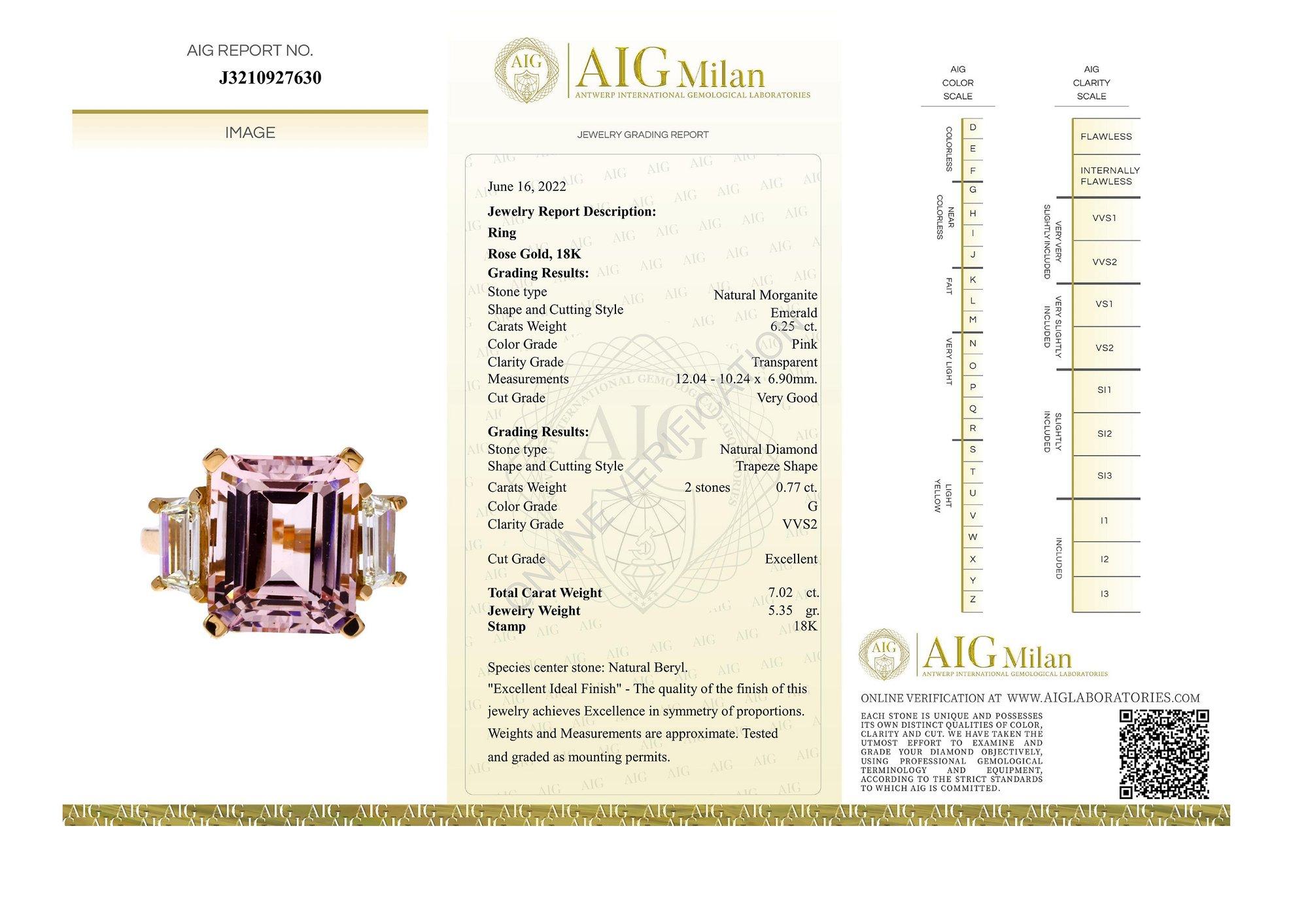 18 Karat Roségold Ring mit drei Steinen, 5,35 Karat natürlicher Morganit und Diamanten, AIG-zertifiziert. (Smaragdschliff)