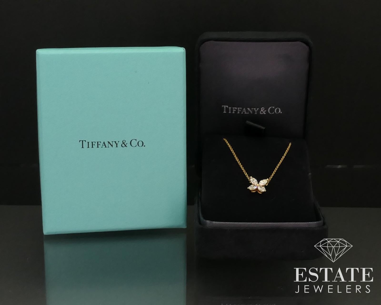 Stunning Tiffany & Co. necklace from the Victoria line. Made from 18k rose gold on the Medium pendant and chain. Approximately .46ctw  of sparkling marquise diamonds with VS clarity and H color. 16