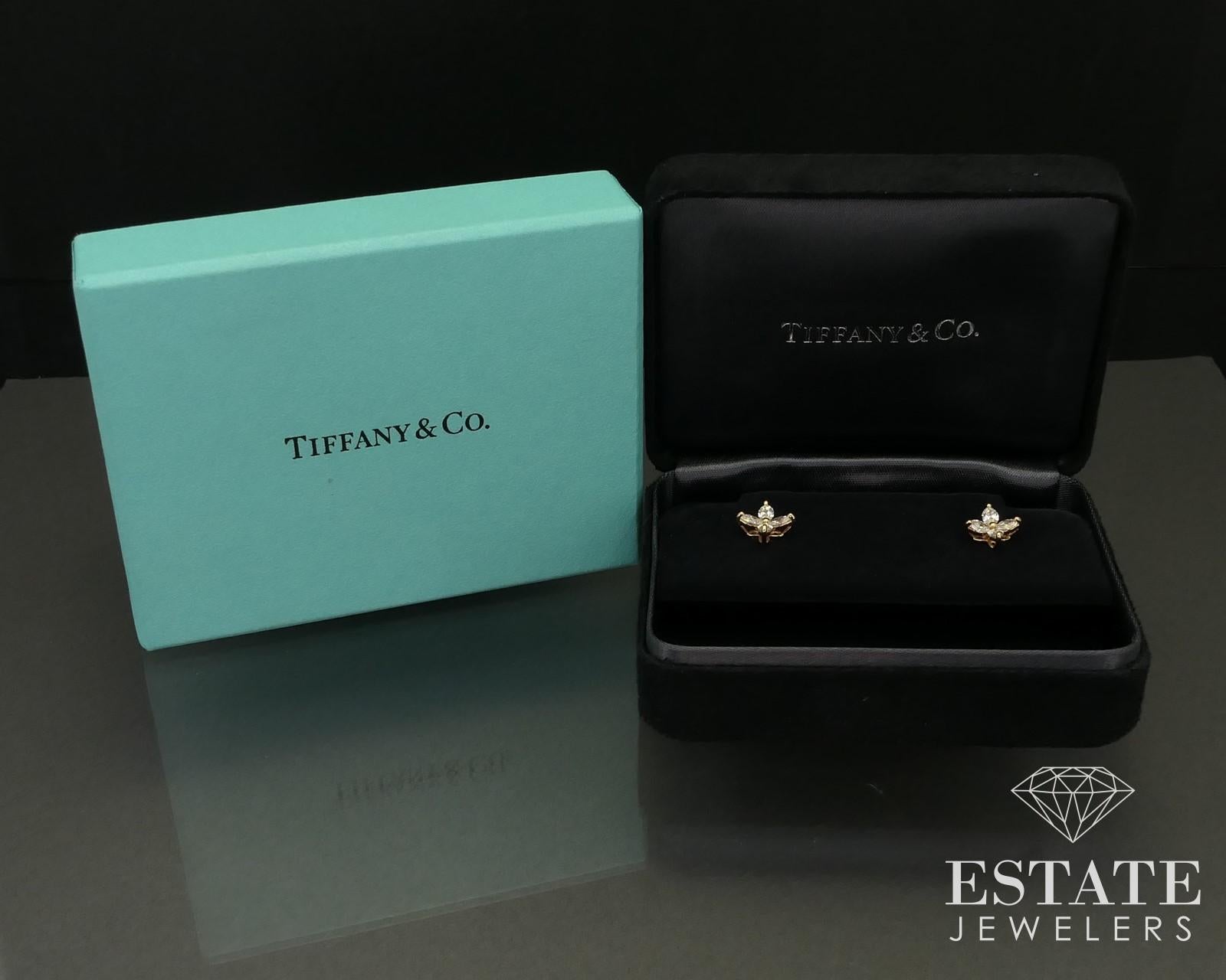 Stunning Tiffany & Co. stud earrings from the Victoria line. Made from 18k rose gold and the Small version of this line. Approximately .64ctw  of sparkling marquise diamonds with VS clarity and H color. 7mm wide faces. stamped 750 Tiffany. Comes