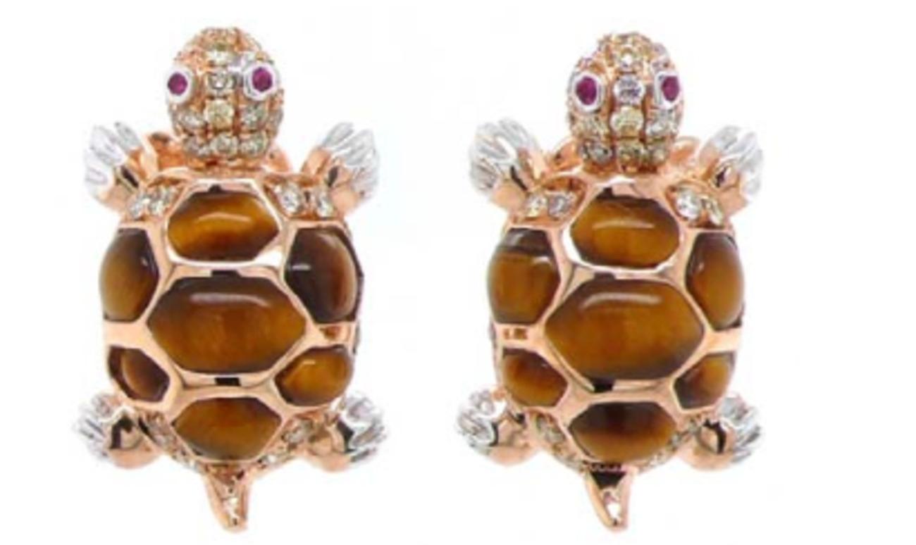 Moderno Orecchini con pietra dell'occhio di tigre in oro rosa 18K e diamanti in vendita