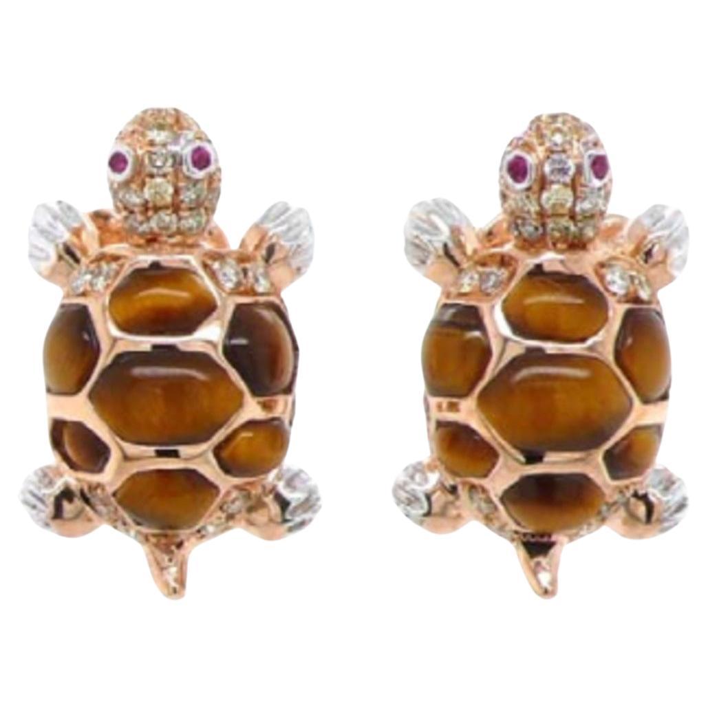 18K Rose Gold Tiger Eye Stone Earrings with Diamonds