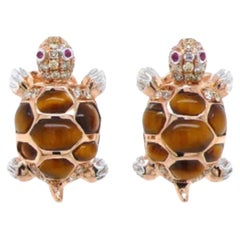 18K Rose Gold Tiger Eye Stone Earrings with Diamonds