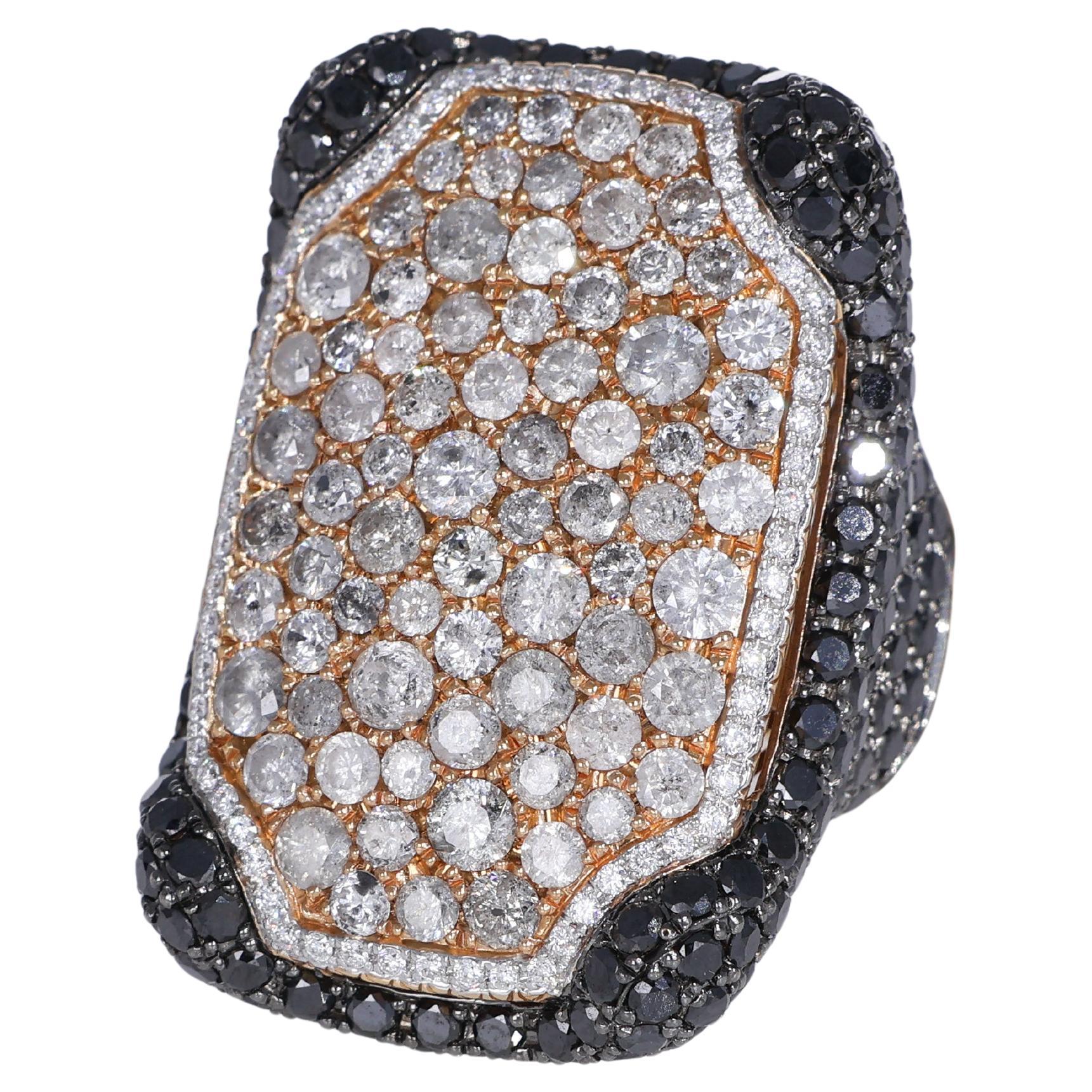 18K Rose Gold Tile Ring with Black, White, and Gray Diamonds For Sale