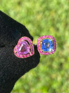 18k Rose Gold "Toi et Moi" Ring with Blue Sapphire and Heart Shape Pink Sapphire
