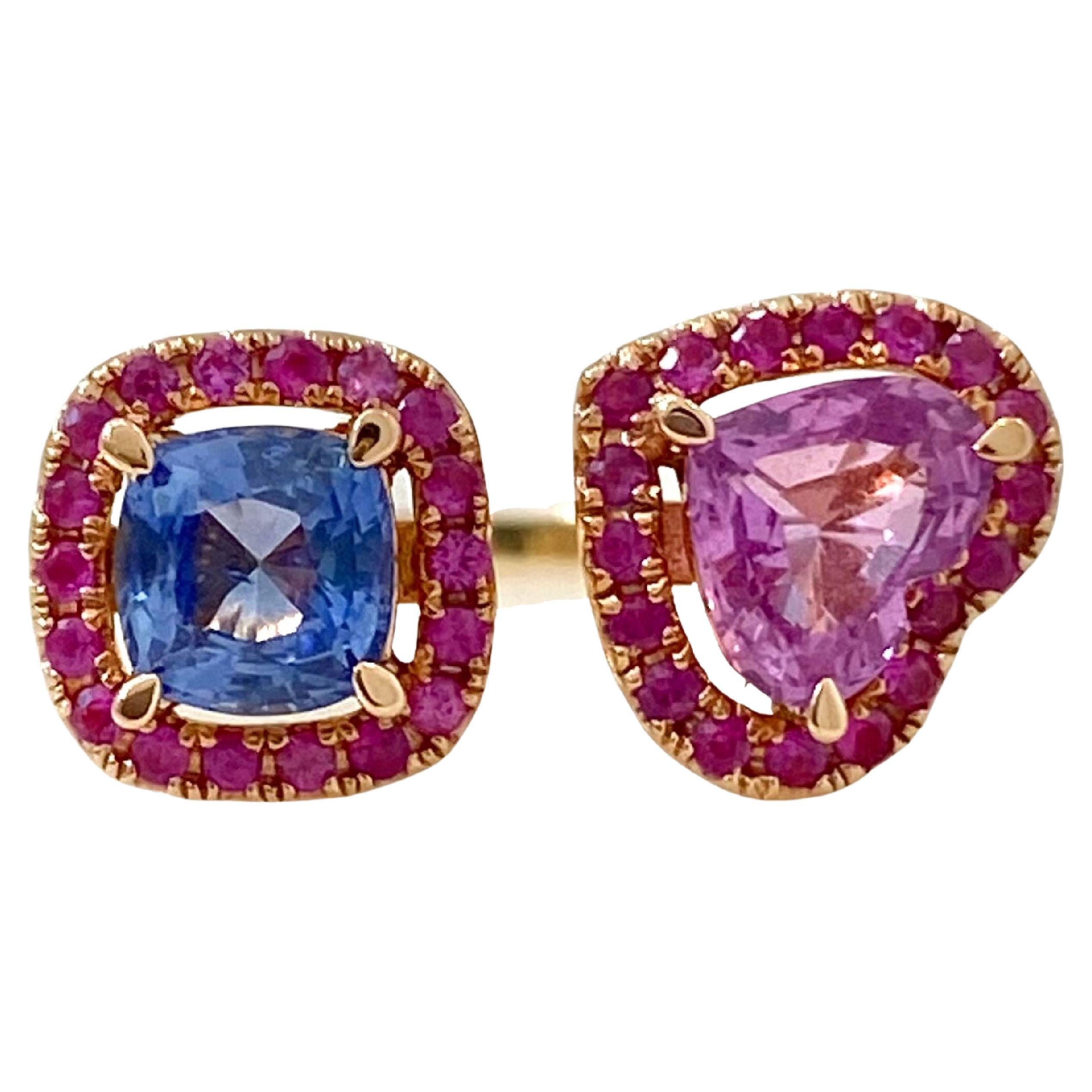18k Rose Gold "Toi et Moi" Ring with Blue Sapphire and Heart Shape Pink Sapphire For Sale