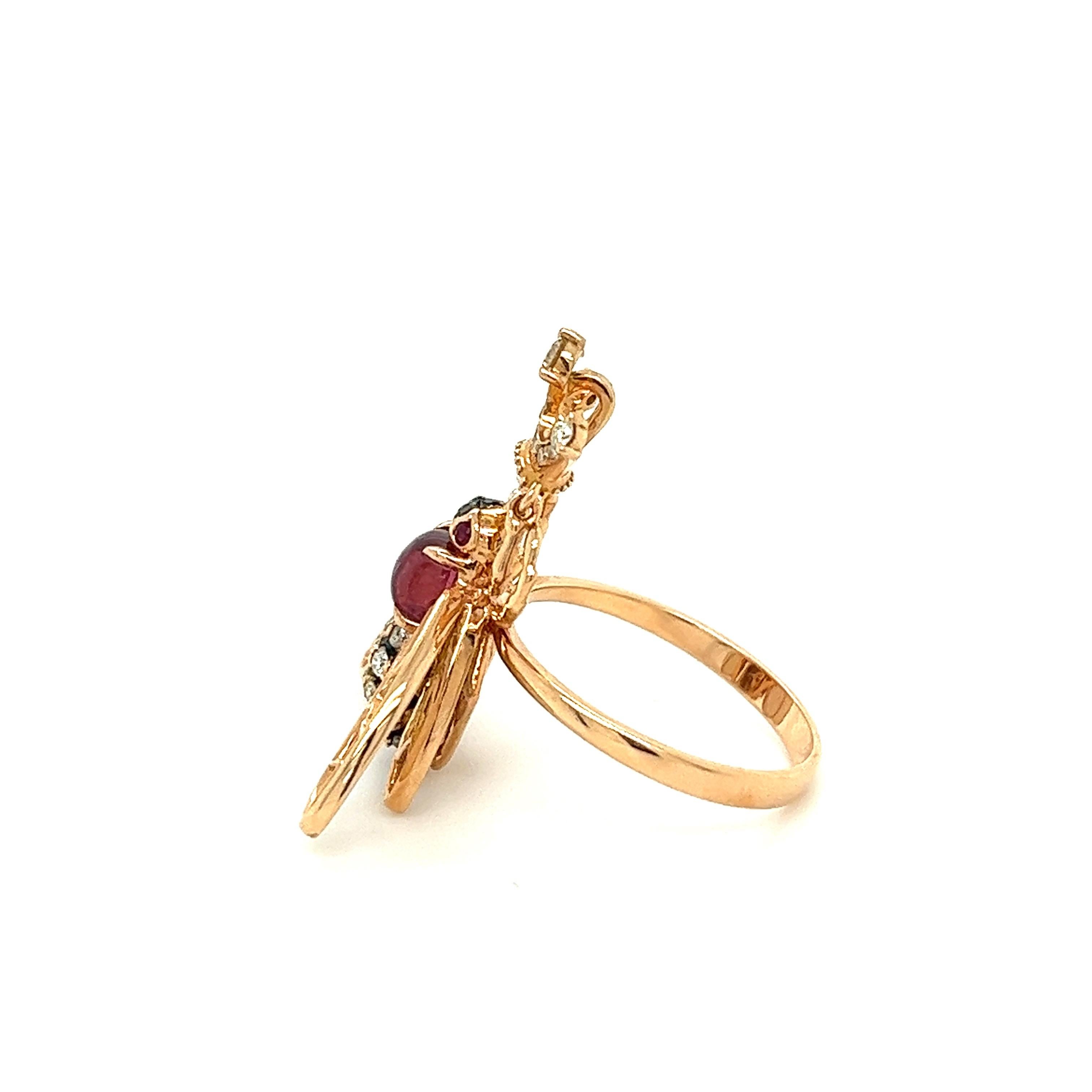 Round Cut 18K Rose Gold Tourmaline & Diamond & Ruby Bee Ring For Sale