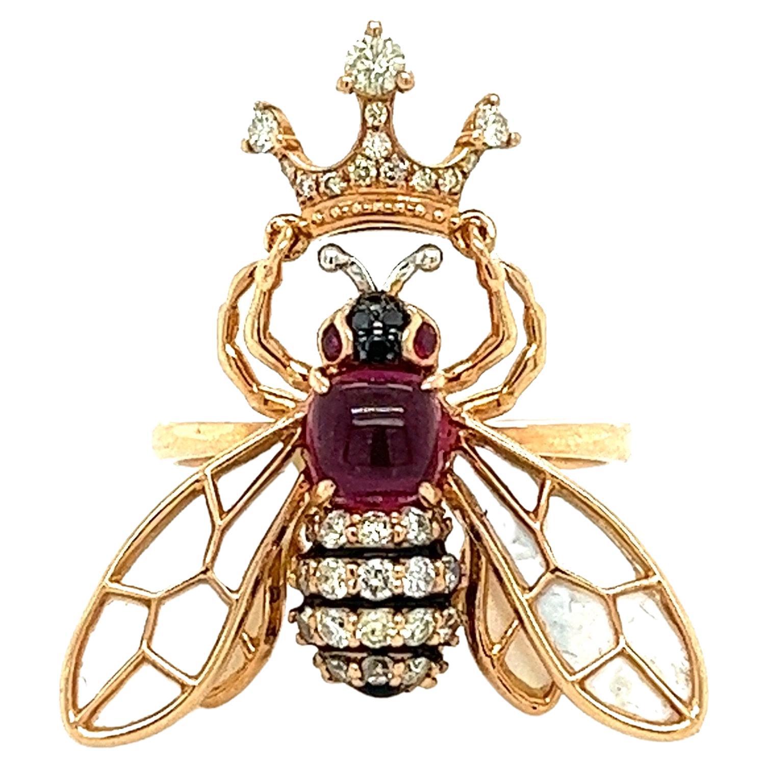 Bague abeille en or rose 18 carats, tourmaline, diamant et rubis