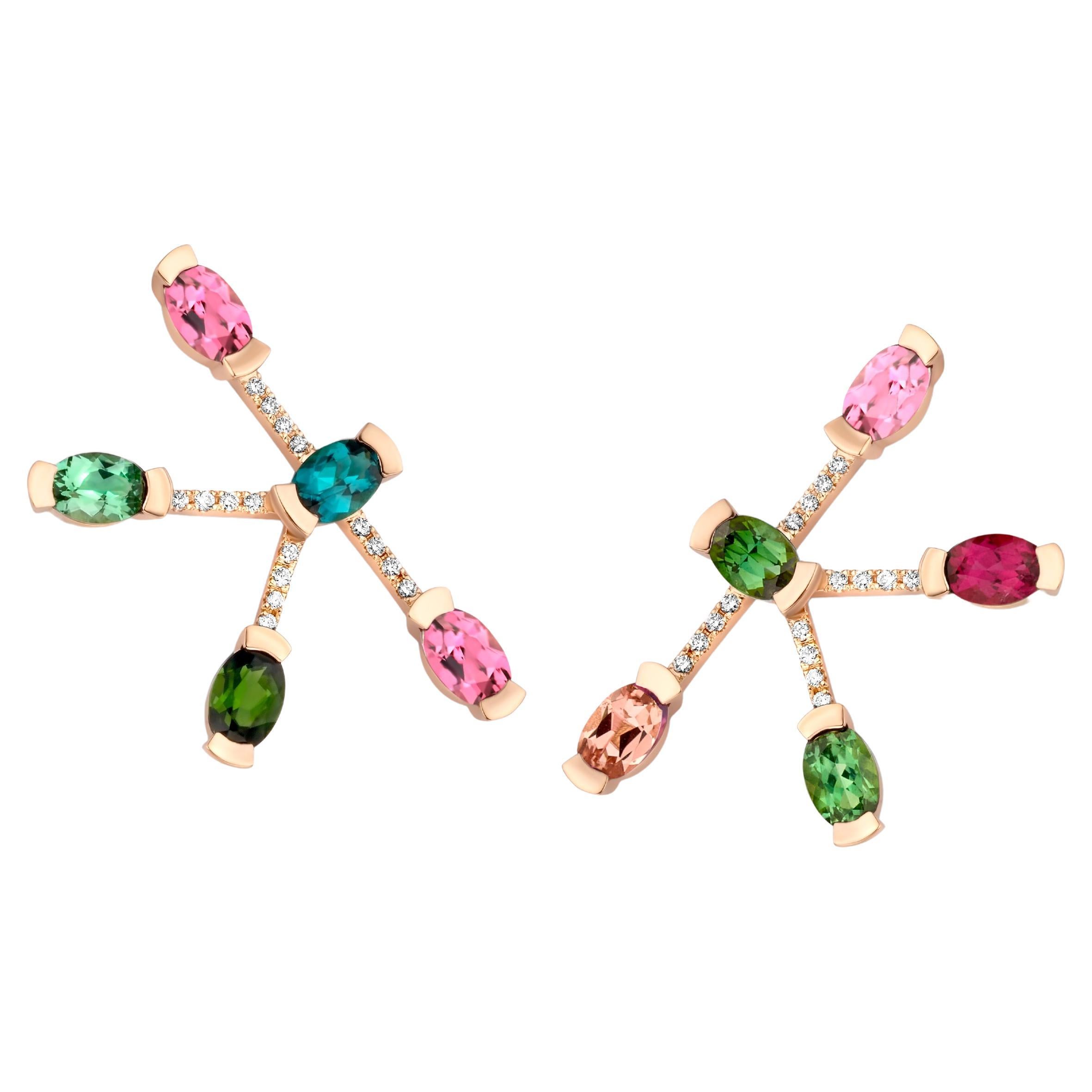Tourmaline Indigolite Morganite Rubelite Diamond 18k Rose Gold Star Earrings For Sale