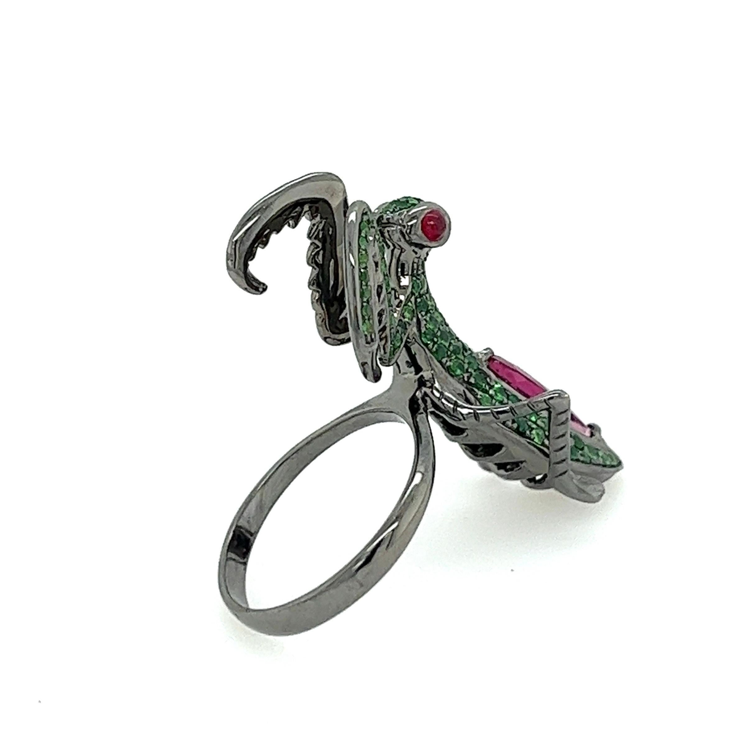 18K Rose Gold Tourmaline Mantis Ring with Rubies & Green Garnets

110 Green Garnets - 1.15 CT
2 Rubies - 0.17 CT
1 Tourmaline - 1.27 CT
18K Rose Gold - 9.69 GM

This piece is not only a beautiful piece of jewelry but also a symbol of strength and