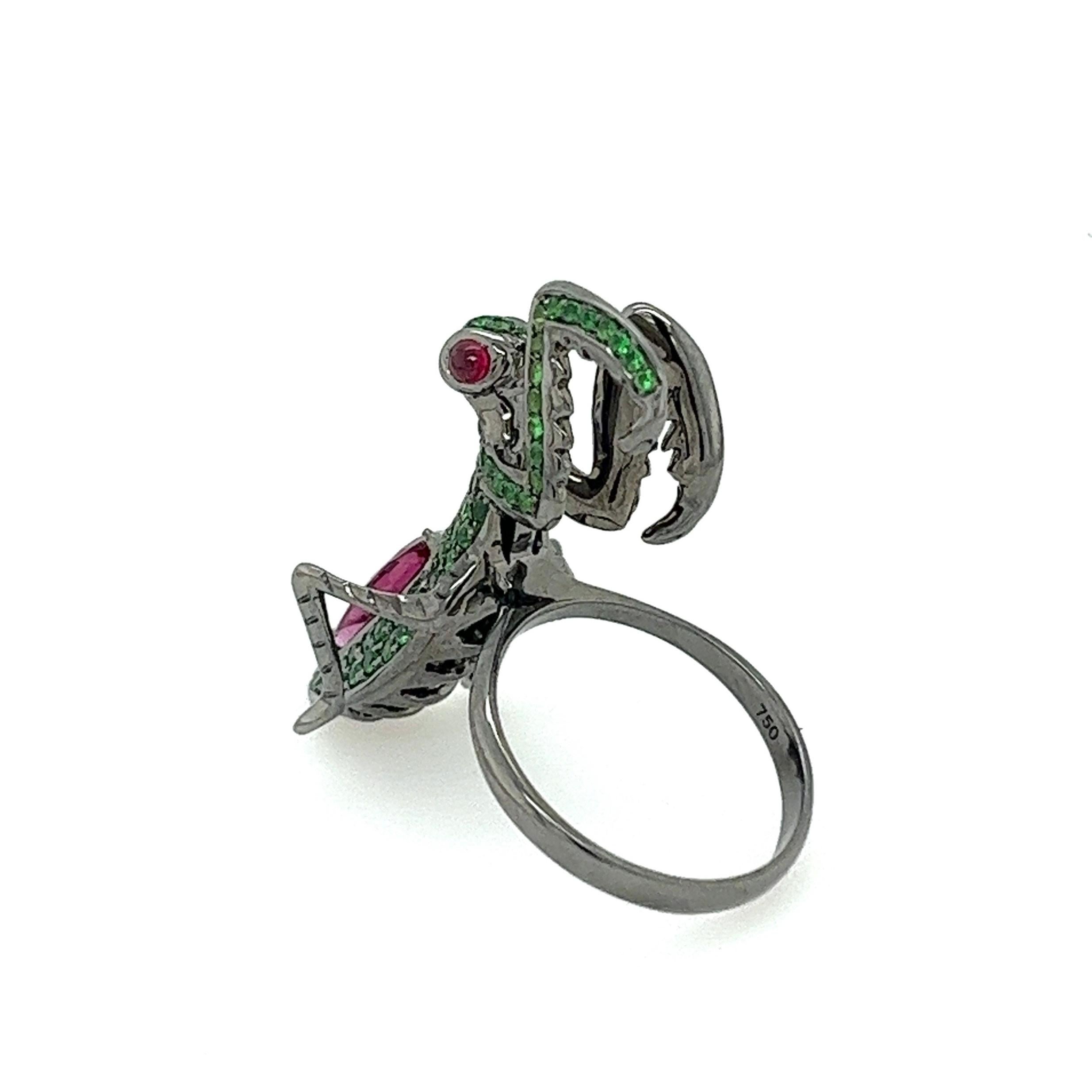 Round Cut 18K Rose Gold Tourmaline Mantis Ring with Rubies & Green Garnets For Sale