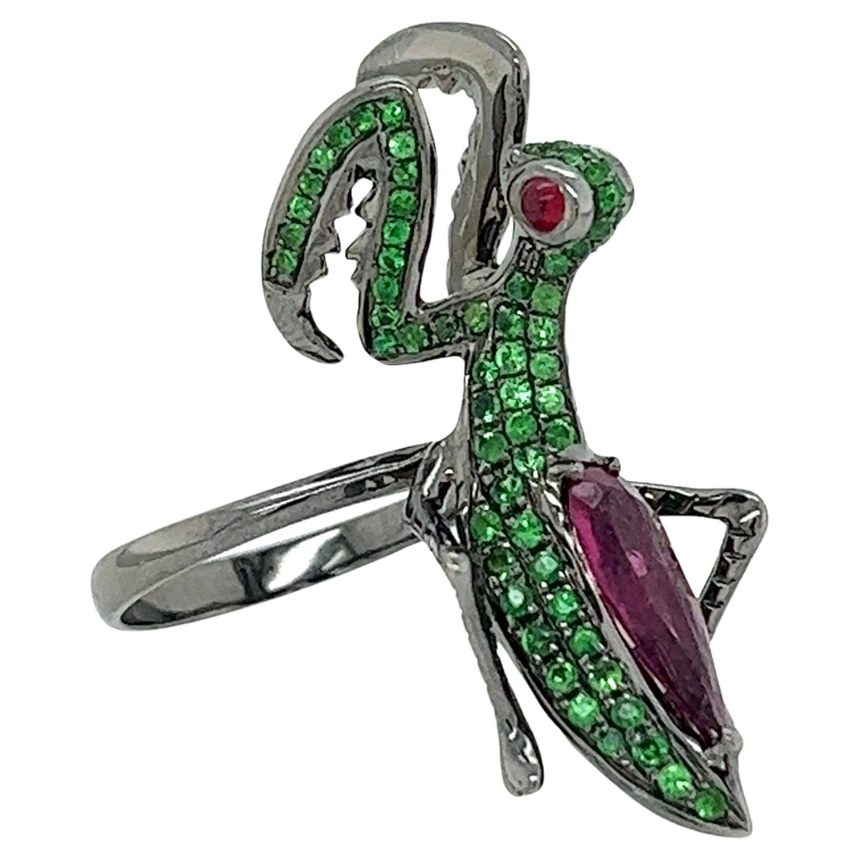 18K Rose Gold Tourmaline Mantis Ring with Rubies & Green Garnets For Sale